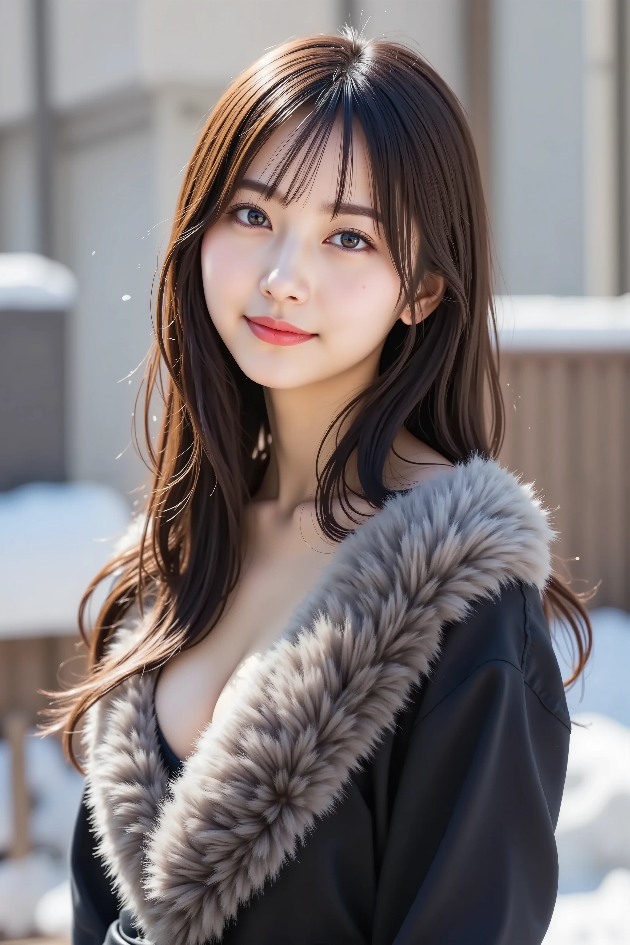 best qualtiy,超A high resolution,RAW photogr,1girl in,Loose perm hair、dark brown hair、japanes、Loose perm hair、smil、professional photograpy、Japanese humane adjustment and same skin quality from head to toe、Blur the background、Draws faithfully to anatomy、Very detailed and beautiful、Ultra-high image quality、Hair swaying and sexy、Very detailed beautiful girl、Hair to the shoulders、耳环、a necklace、Christmas、Christmas tree、yuki、snow.yukiが降る、twinkle