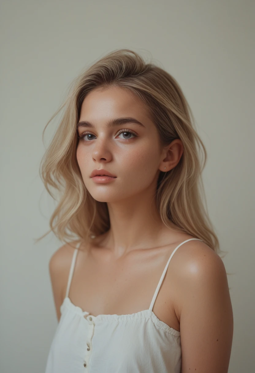 portrait of european nude girl,solo,20yo,beautiful face,uppser body,hair over one eye,medium sidecut, blonde hair, sharp focus