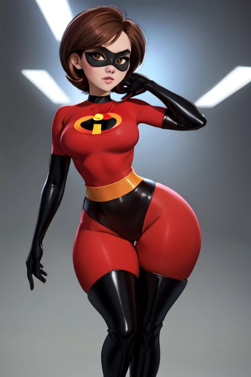 masterpiece, Best Quality, Posing, helenparr, domino face mask, face mask, mono, elbow gloves, thighs, thigh high boots, Moles, black bra, black thong, massive breasts, hip, big butt, doggy style, sexy