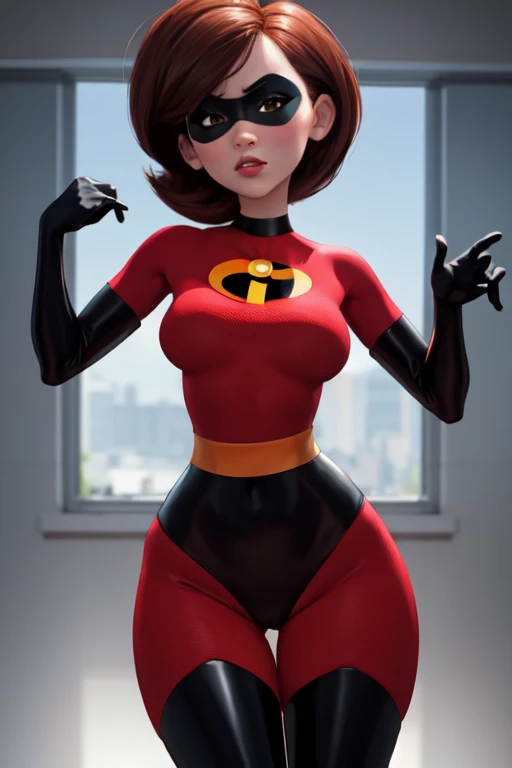 (masterpiece), best quality, depth of field, 1girl, solo, looking at viewer, smilling,breasts, helenparr, domino mask, mask, bodysuit, elbow gloves, thighhighs, thigh boots, wide hips, sitting on bed edge, legs crossed, at the ???'s bedroom
