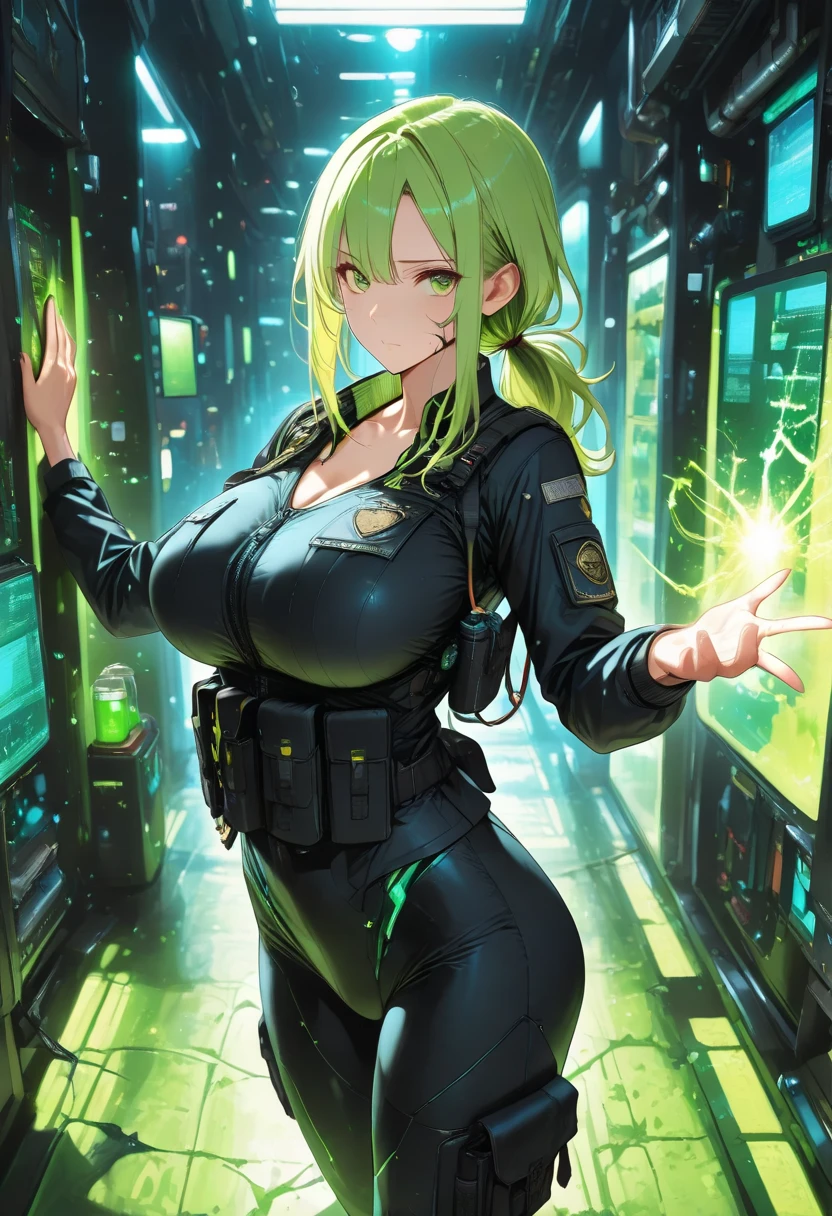 Beautiful woman with big breasts trades stock charts on the monitor, she has green hair and red eyes