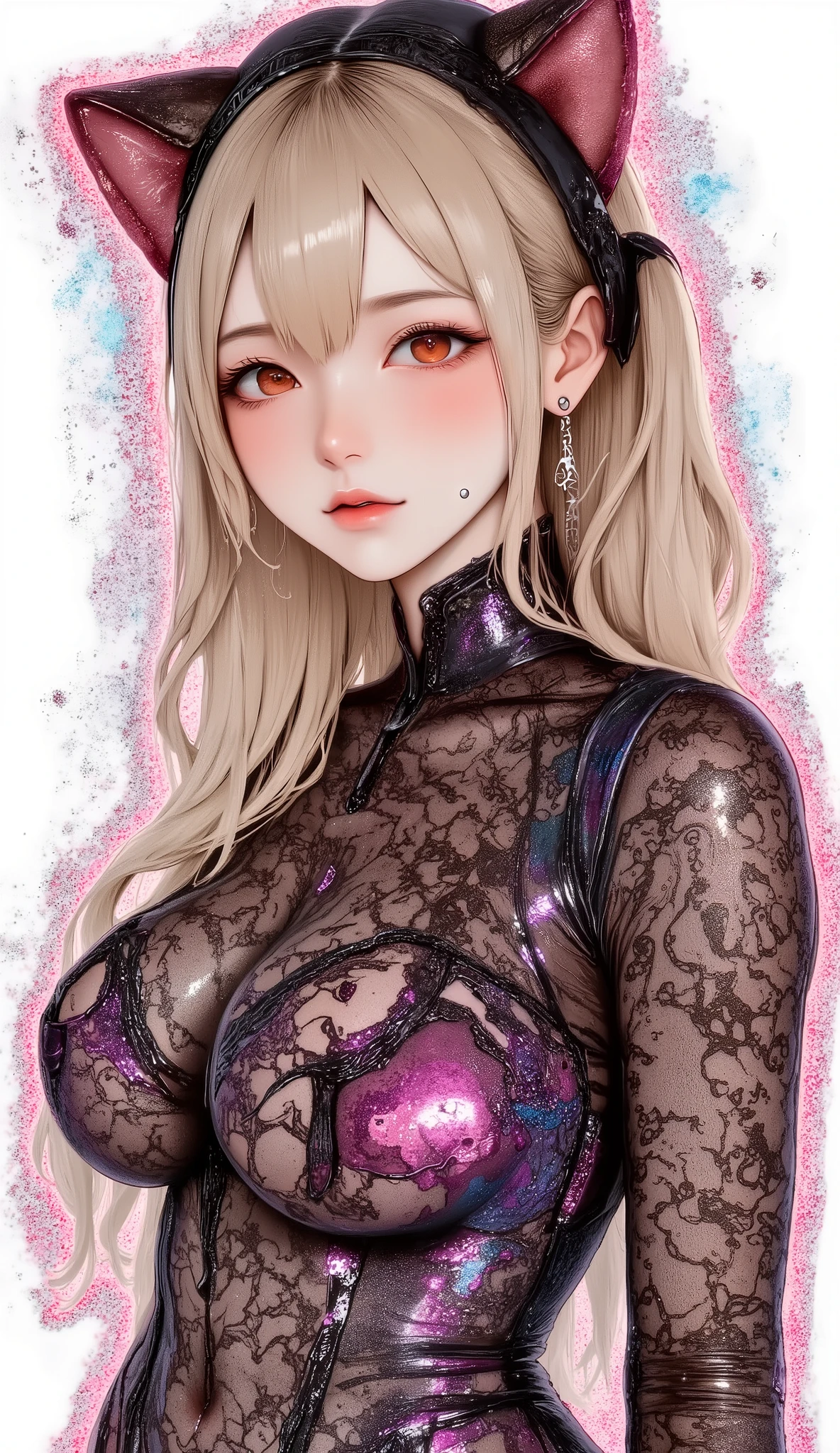 top-quality))、((masterpiece)、cyberpunked、catgirl, purples, blues, reds, (andy warhol), illustrated anime, retro style classic, big breasts, no background, neon colorsplash background, glitter dust, ethereal, shiny skin,