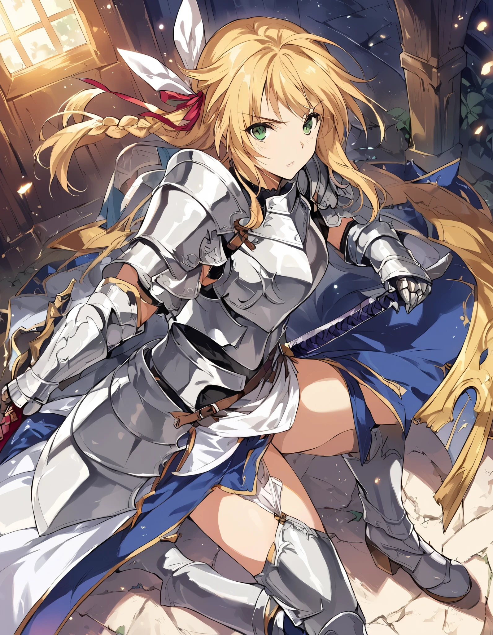 score_9, score_8_up, score_7_up, score_6_up, source_anime, break Anime - Stylistic image of Artoria Pendragon (knitting glasses, short dress, ribbon, hair ribbon, armor, gauntlet, armored dress, boots:1.2), break cleavage, ( Action Positions Using Swords:1.3), break Kushatt Krenz Key Art Women, Extremely detailed art gum , Artgerm on ArtStation Pixiv, break Epic light novel art cover, nice female paladin, artstation pixivでトレンド入り, Portrait of a Knight of the Zodiac , break inside dimly lit spooky mansion, Midnight, Shallow Depth of Field, break highly detailed, Bokeh, Sulky, amazing, nice, Rough, break (Ultra Details), ( best illustration), (best shadow), (absurd), (detailed background), (very aesthetic).