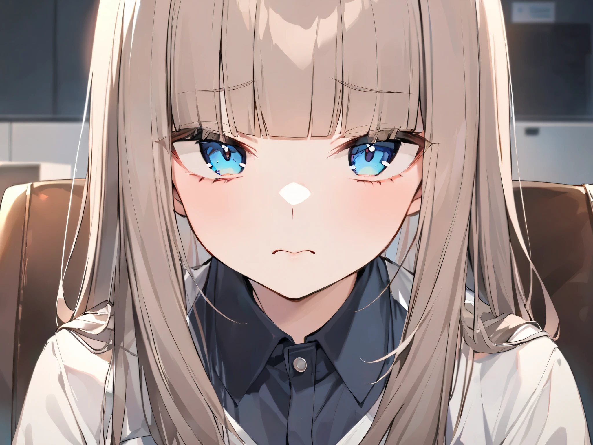 office casual、 sitting on a chair at the office、blunt bangs、chest length hair、whitish ash brown colored hair at the office、blue dark eyes 、looking at me、cut、and my cheeks are red、Downer's expression
