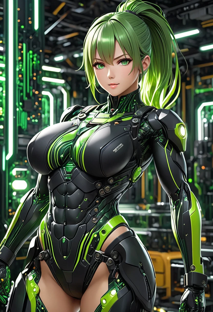 Military green translucent armor,Arm mecha,blonde short hair,Long ponytail hairstyle,Large Breasts,Cleavage,Pistol hanging from waist,fighter pilot,fighter hangar,Sexy,Lipstick,miss,Golden Eyes,stockings,Short skirt,Smile,red glasses