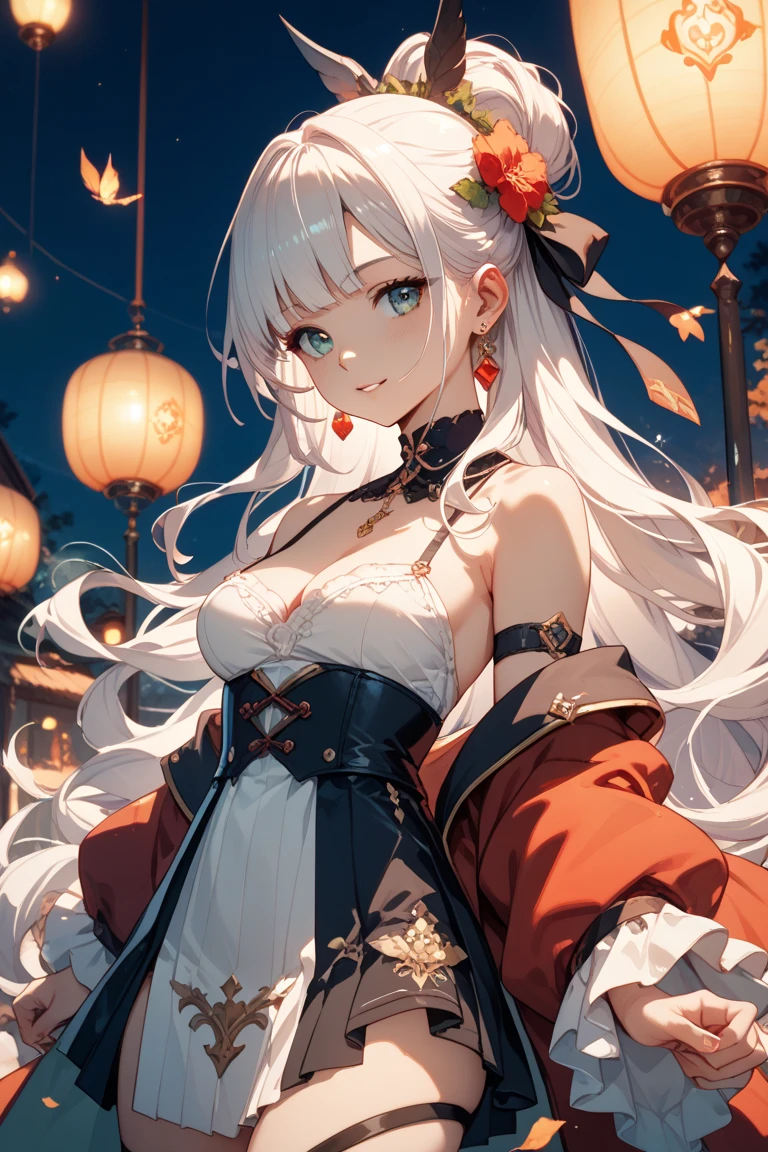 (((masterpiece)))、(((top-quality)))、((ultra-detailliert))、(illustratio)、((extremely delicate and beautiful))、Bright smile、floating、(Detailed light) (1girl in)、、独奏、The long-haired、The wind is blowing、A WORLD、(cute eye)Wizard Hat, red blush, blush stickers, cleavage of the breast, bare shoulders, doress, off shoulders, cowboy shot, is standing, A smile, deph of field,