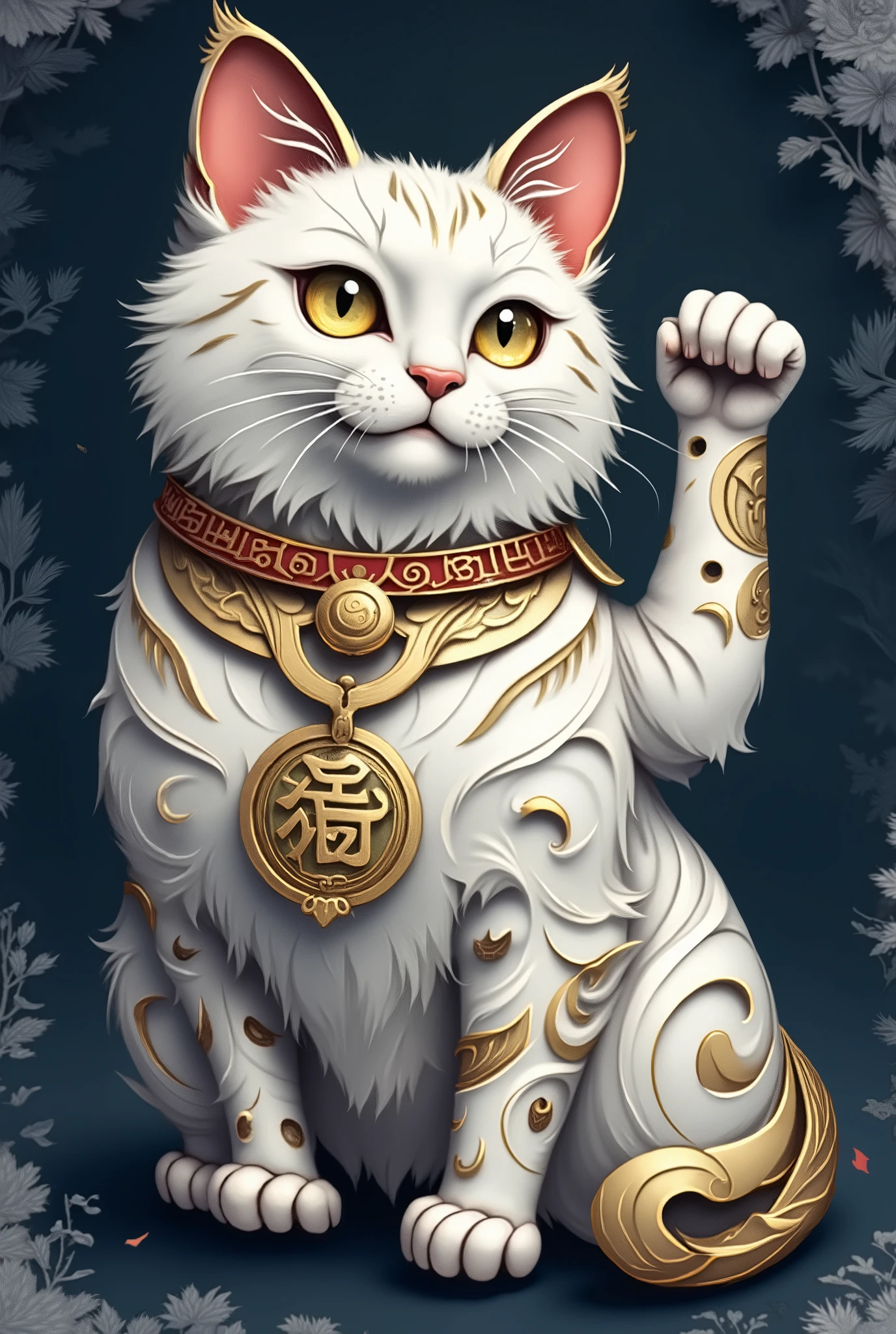 artwork of a realistic white Maneki-neko cat sitting gracefully with raised paw, fur shaded with soft watercolor texture. Deep navy blue background with subtle gradient washes. Intricate gold collar with fine patterns, glimmering gold highlights around eyes and ears, and gold-tipped fur. A radiant gold medallion resting at its paw, reflecting ambient light.