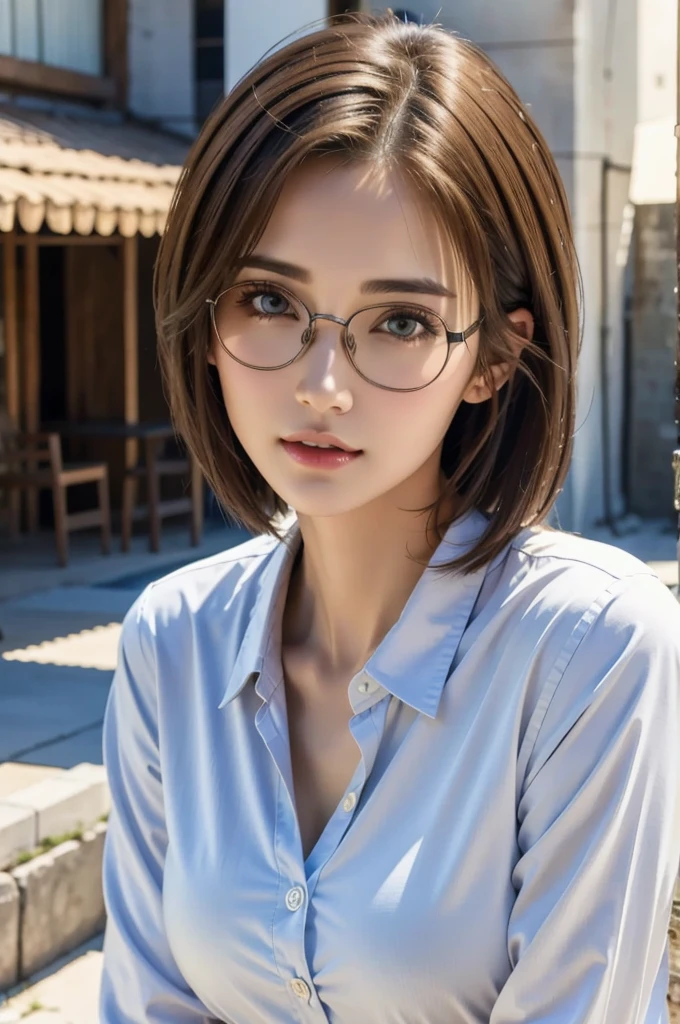 (short cut hair:1.4), breastsout, large breast:1.2, Blue-eyed, (perfect glossy shiny skins:1.3), (1girl in), (Best Quality,8K, Raw photography, top-quality, masterpiece:1.2), (Photorealsitic:1.37), (Exquisitely detailed), Ultras_Color, (realisitic), hightquality, ultra-detailliert, (real looking skin), (intricate-detail), (Dramatic_light), (Beautiful_Detailed_light), lensflare, Ultras_Color, (Shining_Particle), (Bright_Dust_Particle), Professonal lighting, photon maping, hight resolution, ighly detailed, lighting like a movie, (beautiful tbig eyes),lightsmile:1.2, High Nose Bridge,shinny eyes,(22 year old beautiful Japan woman),(A perfectly proportioned face),(lofty nose),Beautiful composition,(slim),nice hand,perfect hand,(huge-breasted:1.2),looking at the viewers,Dynamic Poses,Luminous particles,(shinny skin),Beautiful eyes,Beautiful face,(resin-framed glasses:1.3),(Forehead:1.1), (cowboy shot)