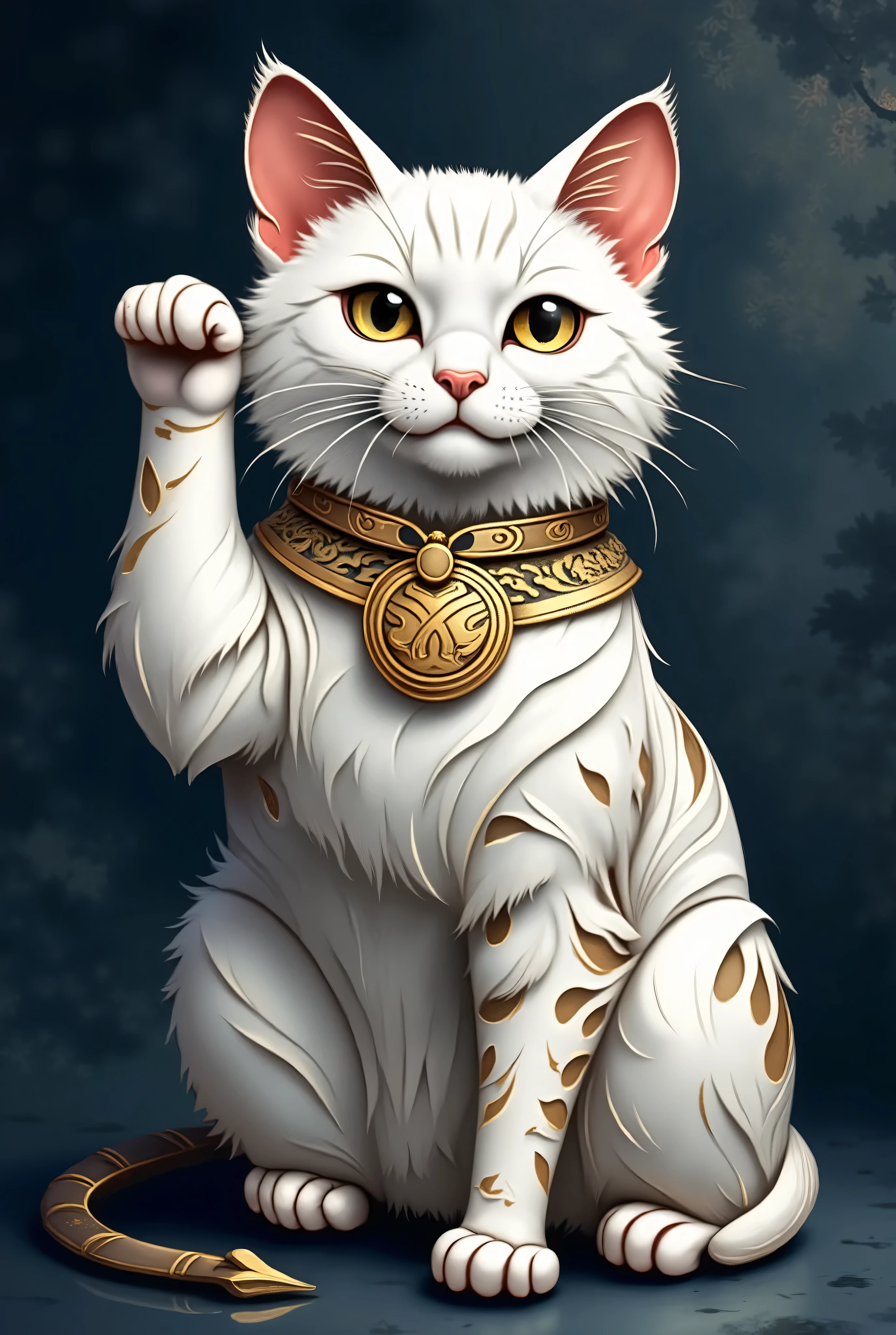 artwork of a realistic white Maneki-neko cat sitting gracefully with raised paw, fur shaded with soft watercolor texture. Deep navy blue background with subtle gradient washes. Intricate gold collar with fine patterns, glimmering gold highlights around eyes and ears, and gold-tipped fur. A radiant gold medallion resting at its paw, reflecting ambient light.  
