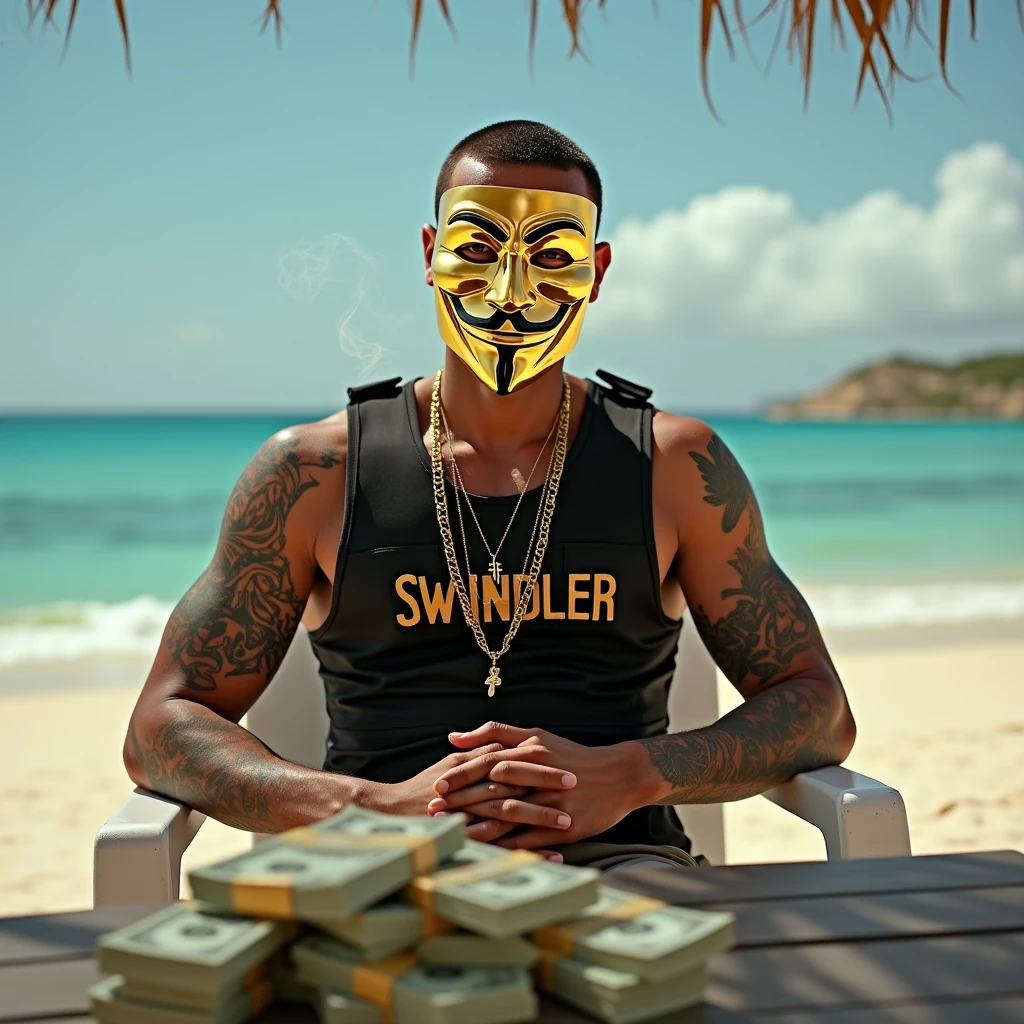 Man with peso sign head in a prison yard with gold chains

