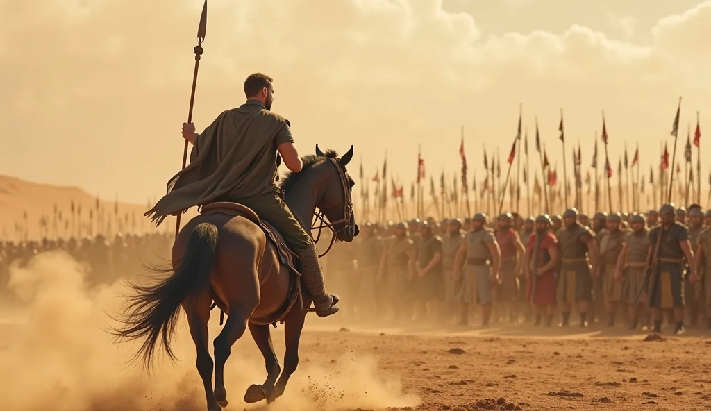 Alexander dismounts his horse on rocky terrain. Sweat beads on his brow, but his eyes are fierce and steady. His men are tense, watching his every move.