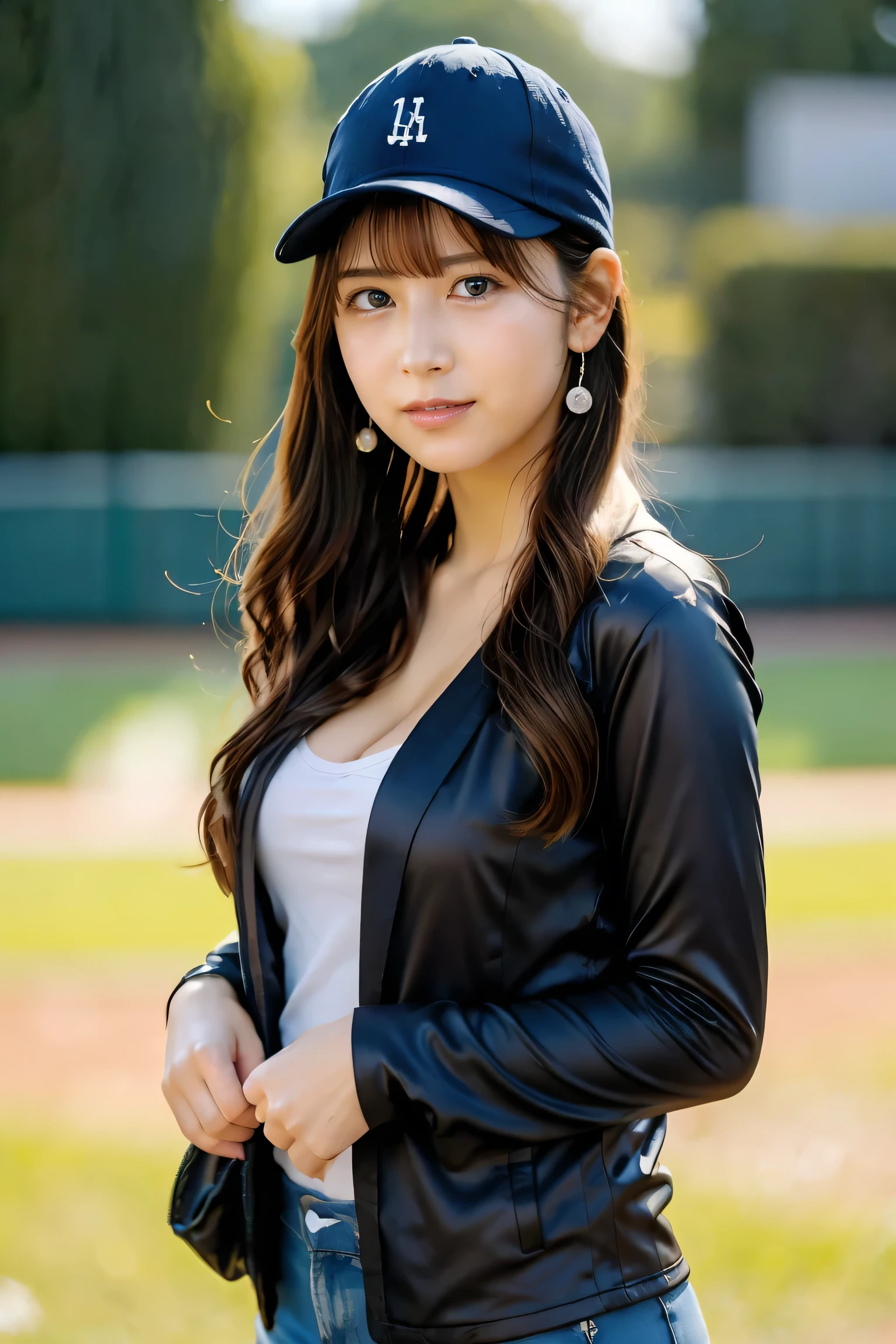 smile、Baseball cap、baseball uniform jacket、 Dodgers、hot pants、 wristband 、 ( 1 female ) 、Like々fresh skin Shiny Melting Wet Skin Shiny Oiled Skin , High image quality , Baseball Stadium,
1girl , brown hair, medium hair, brown eyes, full body, simple background, white background,
break ,earrings、(full body:1.3)、
、 stylish hair 、 fluffy hair 、
( beautiful woman), ( Detailed Facial Features :1.3),
break smile,
break (detailed skin:1.2),(shiny skin:1.1),8k,best quality, masterpiece, ultra high res, (Photorealistic:1.4), RAW photo,
break 1woman,