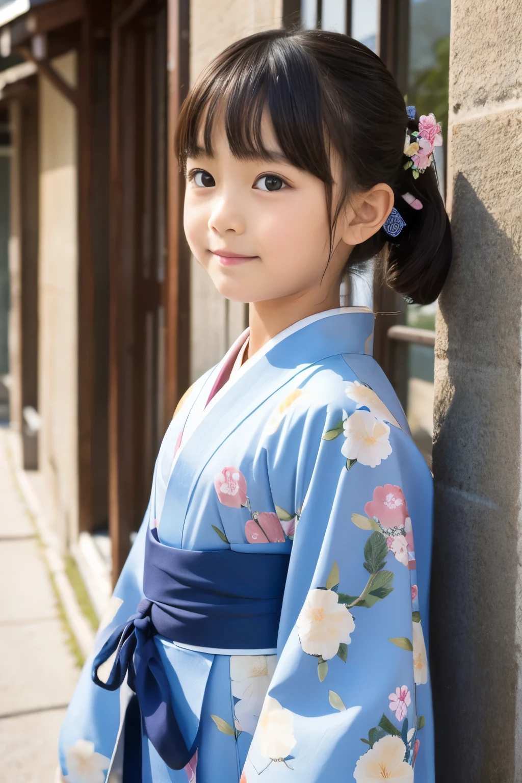 11 year old girl　Japanese　Light blue yukata　Realistic Skin　Bigeyes