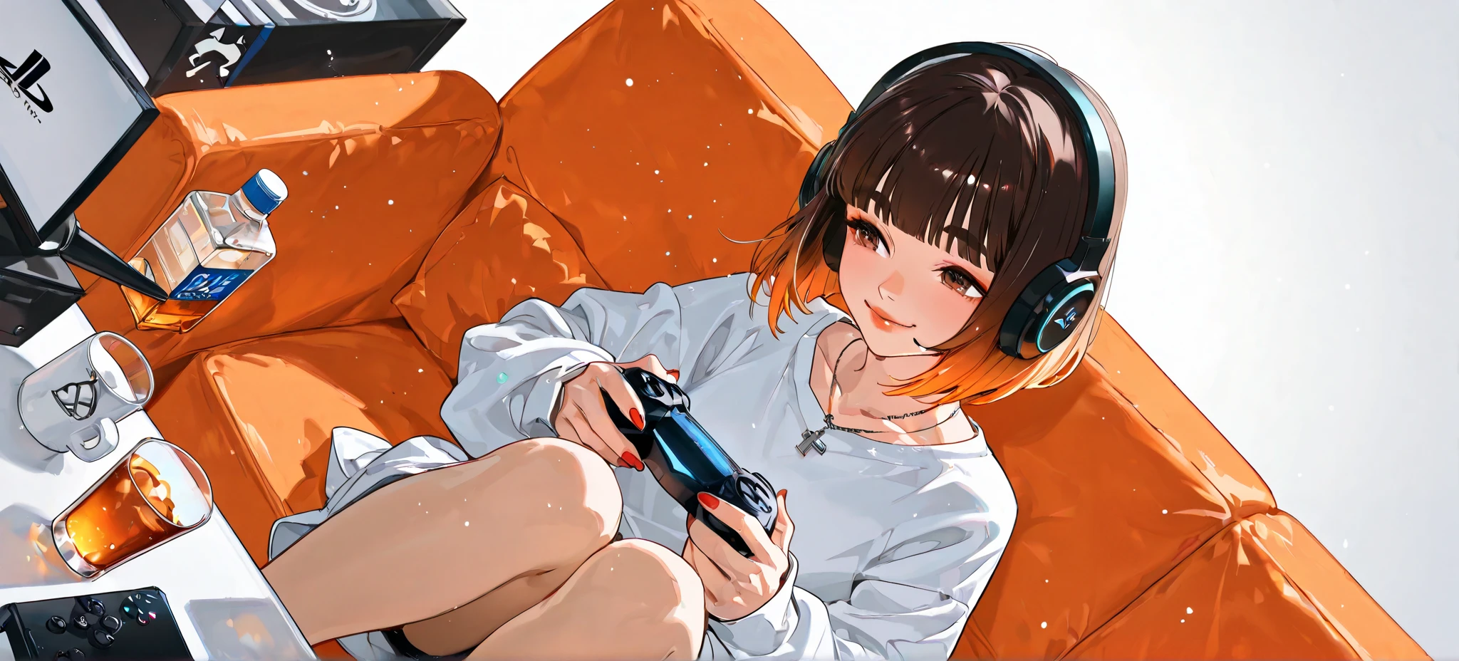 score_9, score_8_up, score_7_up, score_6_up, score_5_up, score_4_up, 4k, 8k, Distant view, Aerial view, playstation5, (((oversized))) white long sweatshirt, 1girl, brown hair[(gradient bob cut: brown to orange:1.4):0.4], simple necklace, brown eyes, red lips, thick lips, red nails, false eyelashes, thick eyebrows, playing video games, holding a PlayStation5 controller, sitting on a pastel orange couch, smile, A cup of whiskey, White Wallpaper, black headphones with microphone, drunk, dramatic angle, Top view, 45 degrees, wide-angle shot, knees up
