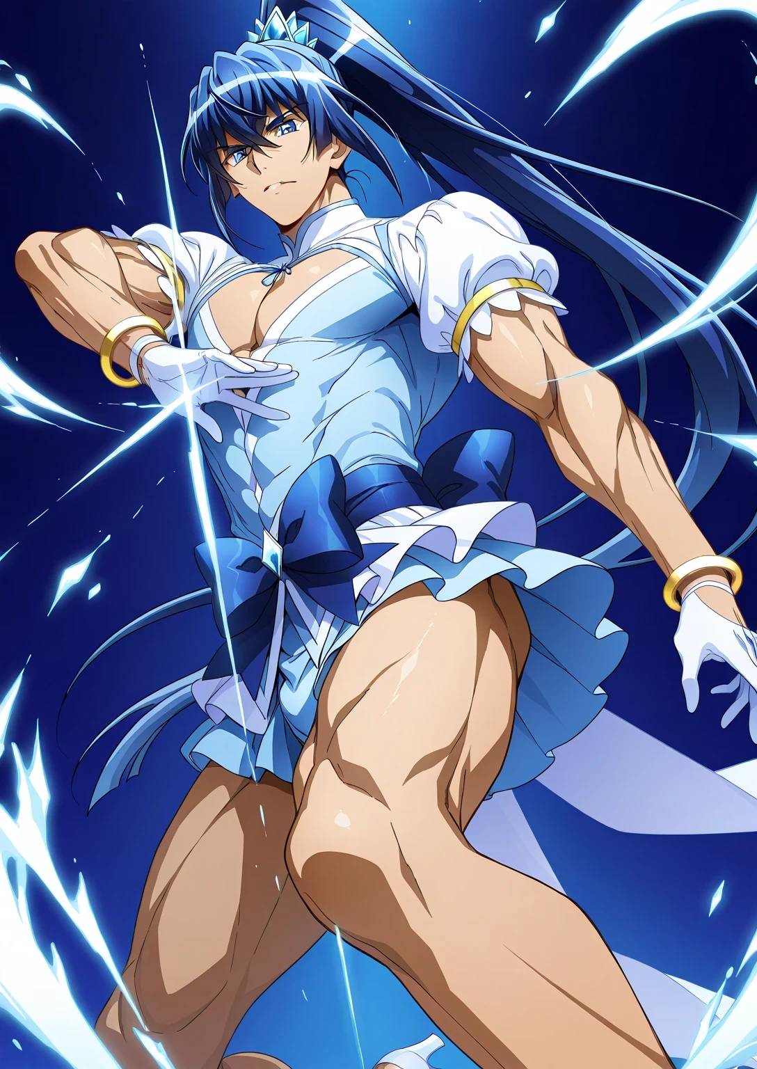 score 9 、score 8 up、score 7 up、source anime、masterpiece、top quality、high resolution、anime coloring、1boy 、cure diamond、(male:1.6)、Close up of a blue-haired boy cartoon character、high long ponytail hair、dia shape hair ornament、Alone、portrait of Magic Boy、 Boy in a White and Blue Dress 、isolated、Long Legged 、Heavenly Aura、Ice Aura、White and blue mini skirt、white puffy sleeves、white gloves、yellow bracelet 、blue waist bow、Bare legs、Bare Thighs、white high heels、 Symphogear Flavor 、 Long Dark Blue Haired Boy 、 Prince of Sapphire 、official character art、style of Magic Boy、masculinization、Magic Boy、 Anime Boy 、Official Art、high resolution、perfect costume、sparkling Magic Boy、(manly:1.6)、 With Shining Blue Eyes 、perfect body、perfect hands、perfect arms、perfect legs、 male focus、looking at viewer、Alone focus、cowboy shot hiding underarms、(male body:1.6)、beefcake style、blue background、