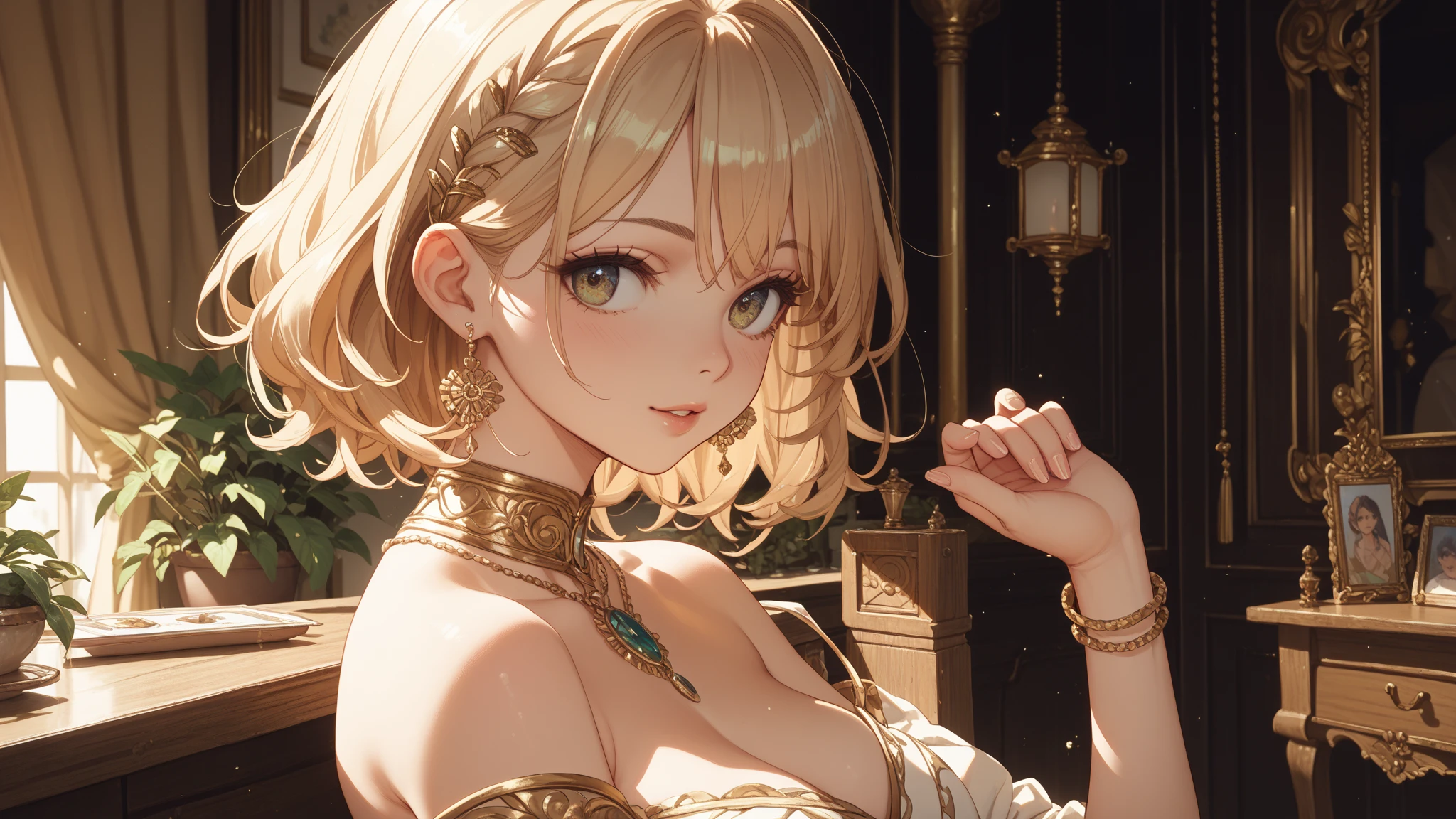 {(best quality, 8k, masterpiece, HDR, soft lighting, perfect image, 1:2 detailed face)} 1 12 year old girl, pink wavy hair, green eyes (light smile) wearing luxurious dress, dreamlike background , details in gold and sparkles