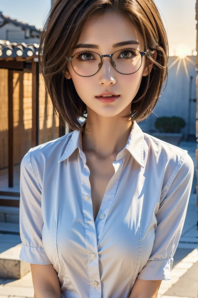Woman, adult, brown eyes , blue eyes, work shirt outfit with white colour, potrait, bokeh photography, photo shoot, half body, photo studio, good anatomy, ultra realistic, light studio, small breast, golden ratio photography, 8k, cool eyes, look at camera, eye fokus, glasses, short hair