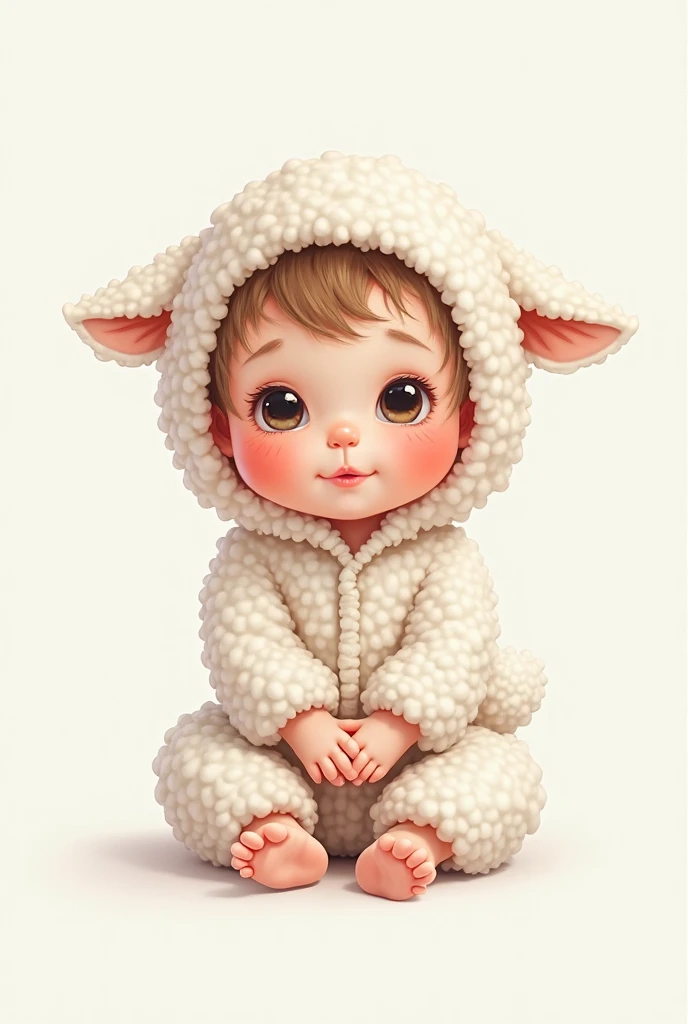 A 2D drawn female baby lying around a white blanket with a bunny hat around her head and her white clothes with light blue eyes, blond hair ,with rosy cheeks, pale skin and long eyelashes
