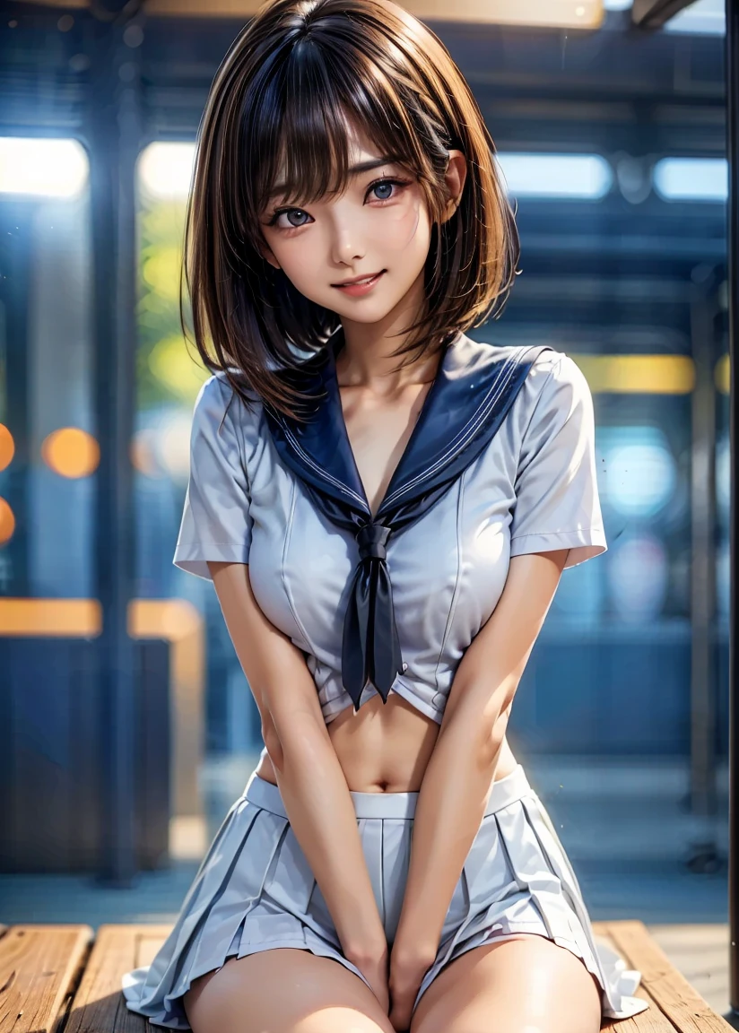(((toppless))),  (large full breasts), (((cleavage))),  ((Smooth texture, Realistic texture, Photorealistic)),  Detailed beautiful eyes, Beautiful eyelashes, emerald eyes, brunette medium hair, extremely detailed CG unified 8k wallpaper, very fine 8KCG wallpaper, (​masterpiece, Best Quality), High resolution, Ultra-detailed, ultra-sharp, 1 woman, at poolside,  (((sheer white sailor shirt, Sleeveless, Open front))), (((Navel ))),  (((Sheer Micro Mini Skirt))),  (Beautiful face, Cute face, Detailed face),  (((Cowboy Shot))),  (((Sunny))), Perfect Eyes Eyes