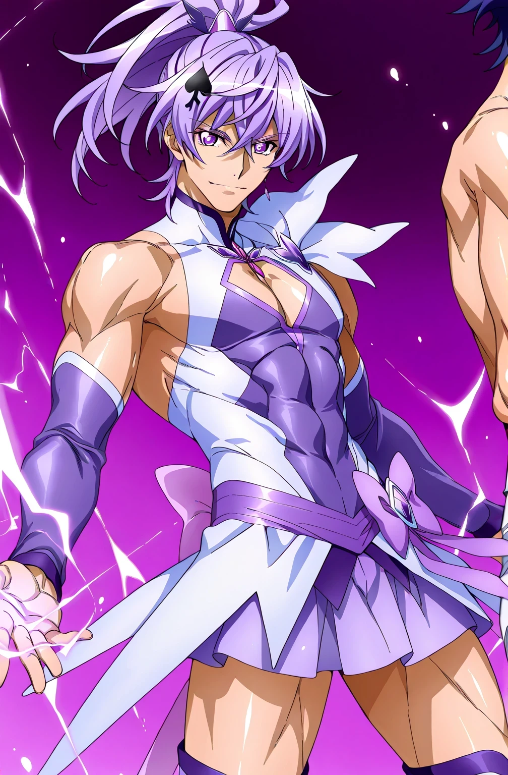 score 9 、score 8 up、score 7 up、source anime、masterpiece、top quality、high resolution、anime coloring、1boy 、Cure Sword、(male:1.5)、close-up of a boy cartoon character with purple hair、high short ponytail hair、spade shape hair ornament、Alone、portrait of Magic Boy、 Boy in a White and Purple Dress 、isolated、Long Legged 、Heavenly Aura、Lightning Aura、 White and Purple Miniskirt 、white shoulder pats、 purple arm warmers、purple detached sleeves、purple waist bow、Bare legs、Bare Thighs、 purple thigh-high boots 、 Symphogear Flavor 、 Boy with Short Light Purple Hair 、 Prince of Amethysts 、official character art、style of Magic Boy、masculinization、Magic Boy、 Anime Boy 、Official Art、high resolution、perfect costume、sparkling Magic Boy、(manly:1.5)、With Sparkling Purple Eyes 、perfect body、perfect hands、perfect arms、perfect legs、 male focus、looking at viewer、Alone focus、cowboy shot hiding underarms、(male body:1.5)、beefcake style、purple background、