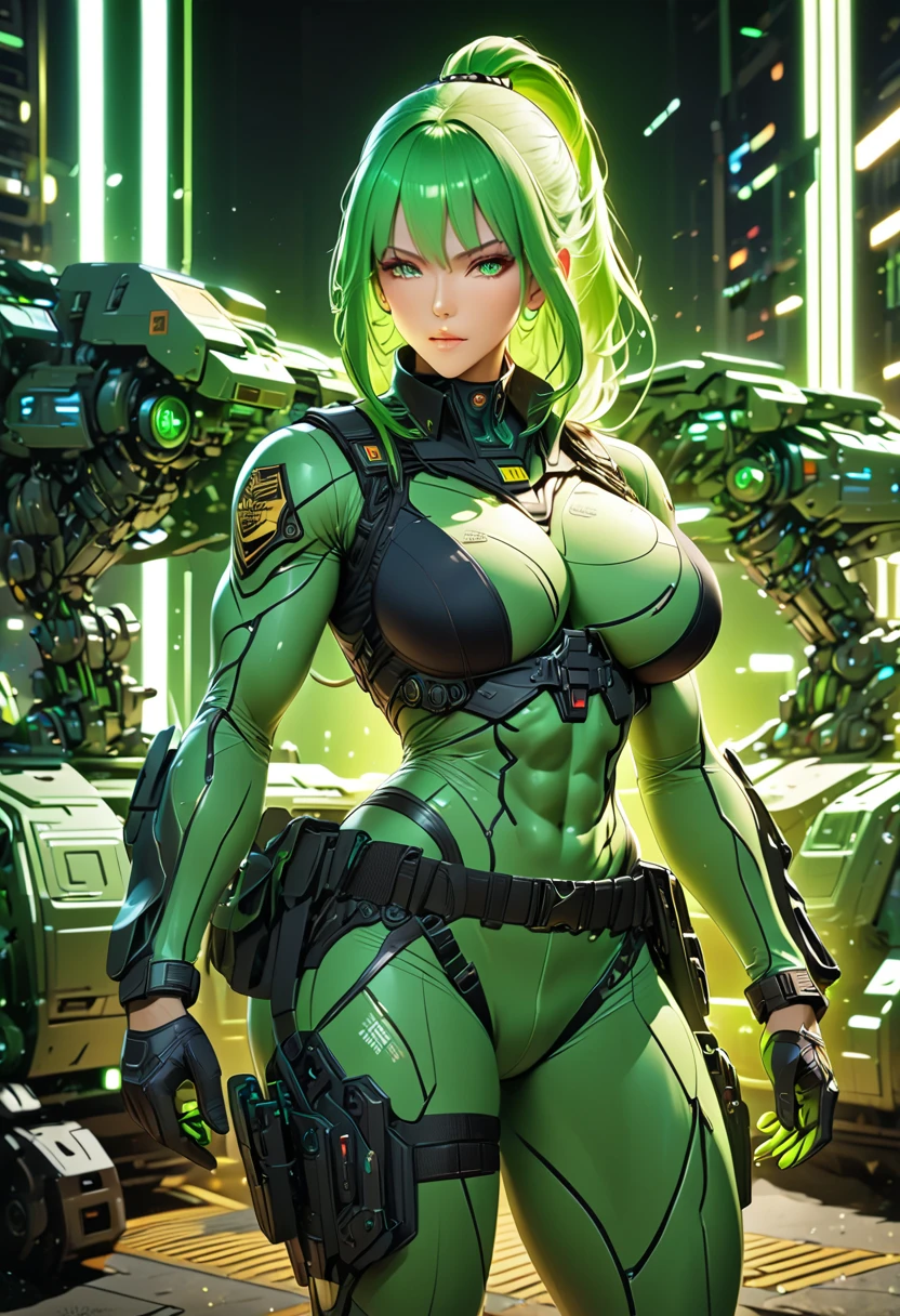 ((((Massive, beautiful, buff, muscular light brown skinned female samurai with green hair, black lipstick, ginormous bulky muscles, holding a green fire sword and wearing an all green cyber samurai armor with pants)))), {close view}, black eyeliner, massive muscles, large breast, massive biceps, hyper muscle triceps, (long curvy hair), orange eyes, samurai boots, In a futuristic city, sleeveless, steel samurai armor, nighttime, closed smile, hyper muscles arms, hyper muscle legs, ginormous arms