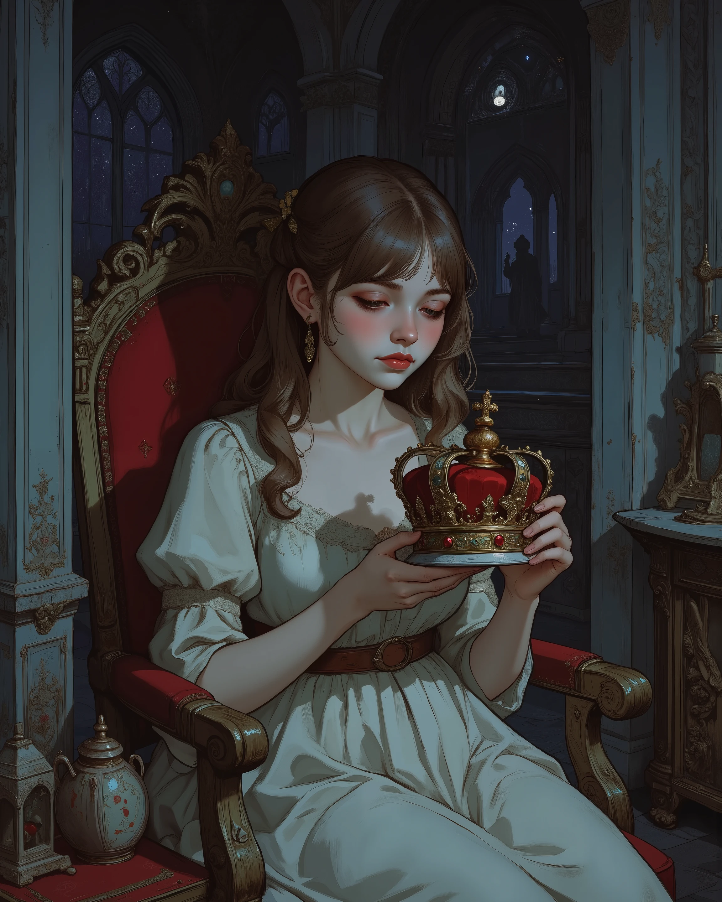 1Girl, She is somewhere in the remote part of a castle, sitting with a king's crown in her hands, her expression is one of sadness and fear. She is also wearing a soft and delicate white dress with a slight neckline. She has a very small bust and a petite body, the night is dark. dark cinematic lighting, masterpiece, best quality, digital illustration, comic book art.