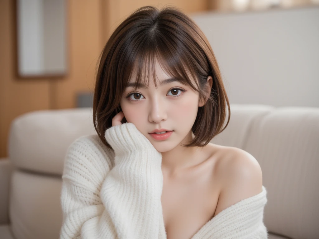 Short hair and white Summer knitting, Summer knitting, long hair, long hair with bangs,smile, girl with a cute face, cute face portrait, Pony tail, Pale white skin!!, Long brown hair and big eyes, Soft portrait 8 k,big braests,, beautiful big eyes, beautiful girl, young girl with Pony tail hair, Best picture quality, Masterpiece, Leonardo da Vinci's diary Da Vinci, Leonardo da Vinci's manuscript as background.
