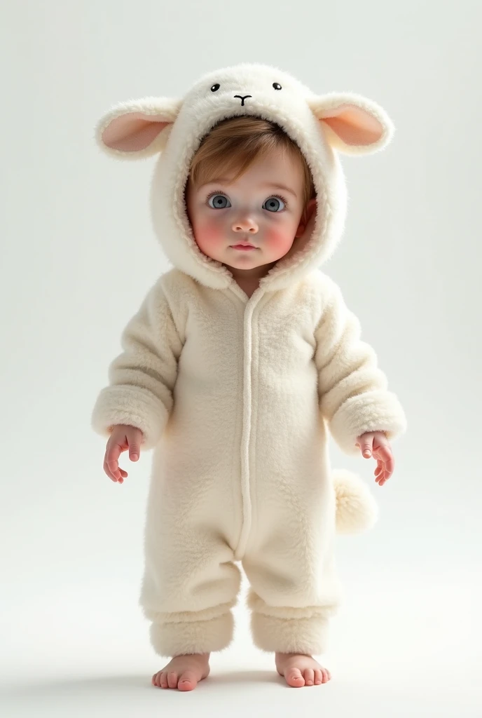 Full length portrait of a 2 year old child standing wearing a sheep costume