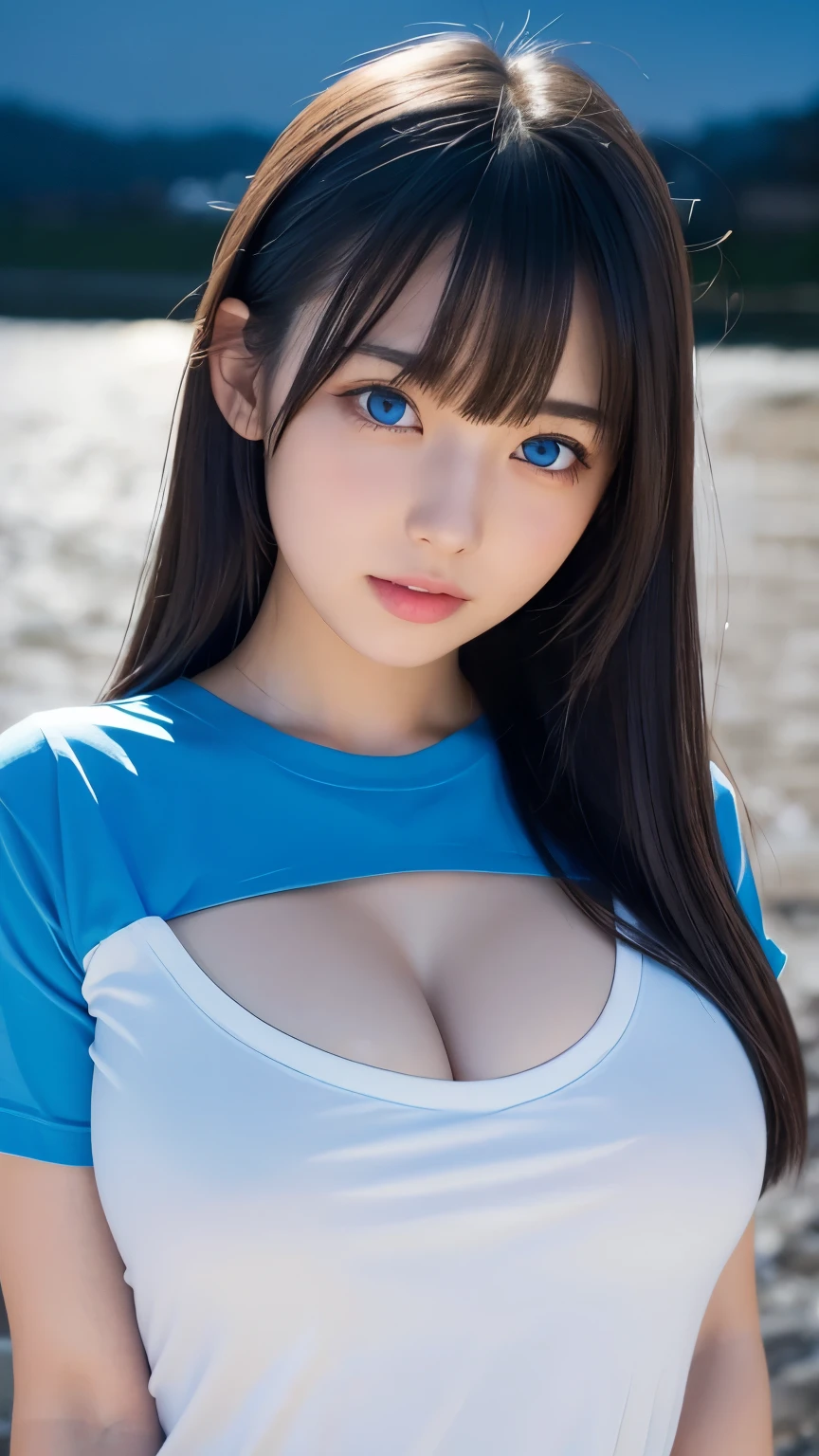 Gravure beauty, Narrow eyes, Rin々Funny face, Alluring, Heavy bangs, Long Hair, Loose curly hair, Light brown hair,ponytail,Blue eyes, Sky blue eyes, Big Tits,Oversized T-shirt
