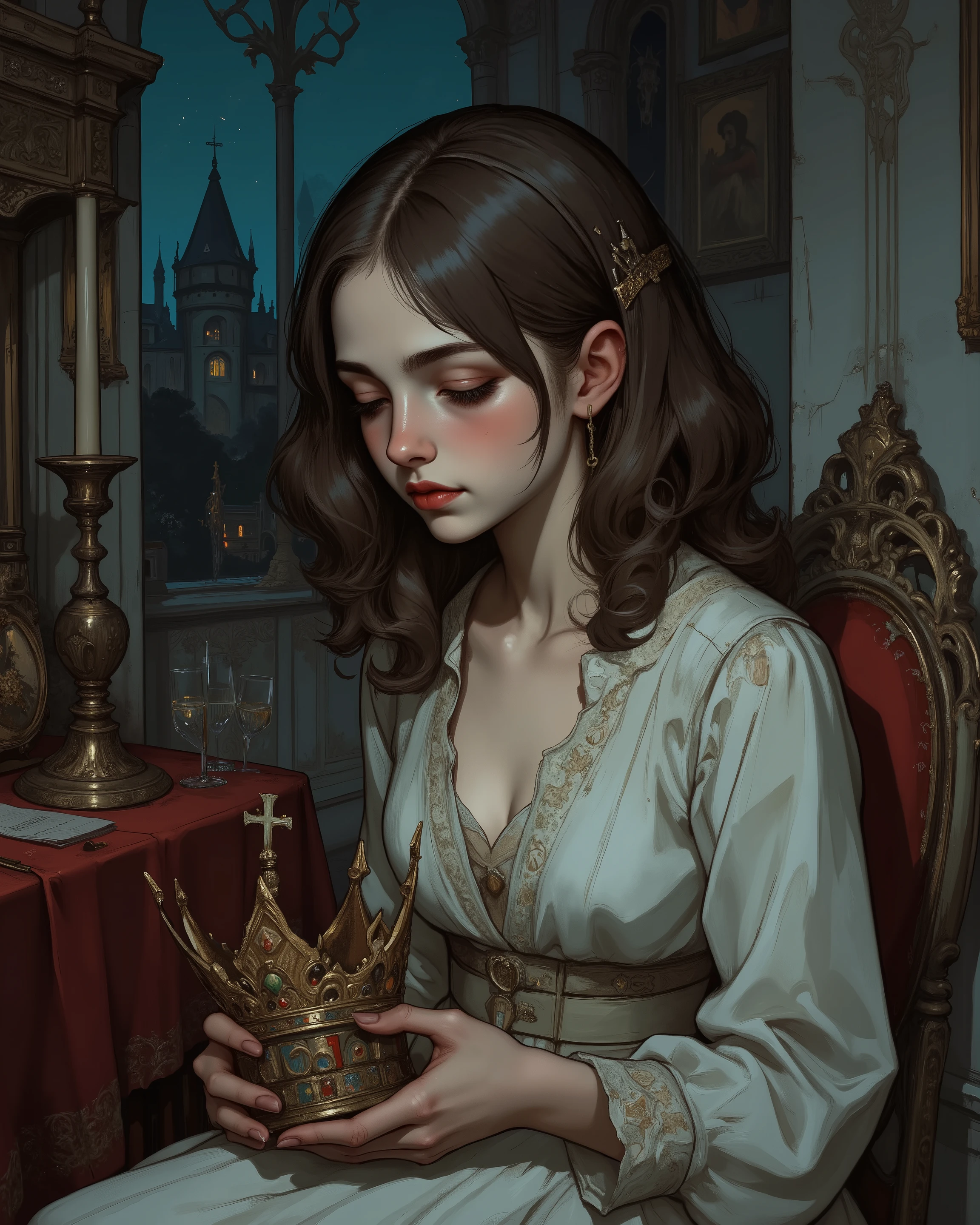 1Girl, She is somewhere in the remote part of a castle, sitting with a king's crown in her hands, her expression is one of sadness and fear. She is also wearing a soft and delicate white dress with a slight neckline. She has a very small bust and a petite body, the night is dark. dark cinematic lighting, masterpiece, best quality, digital illustration, comic book art.