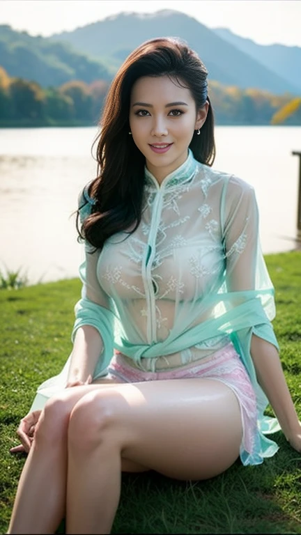 An Indonesian woman wearing a traditional Javanese kebaya with intricate batik motifs, standing in a serene forest of Banyuwangi with waterfalls cascading down mossy rocks and lush greenery all around (having beautiful breasts: 1.33), (o having clothes: 1.77).