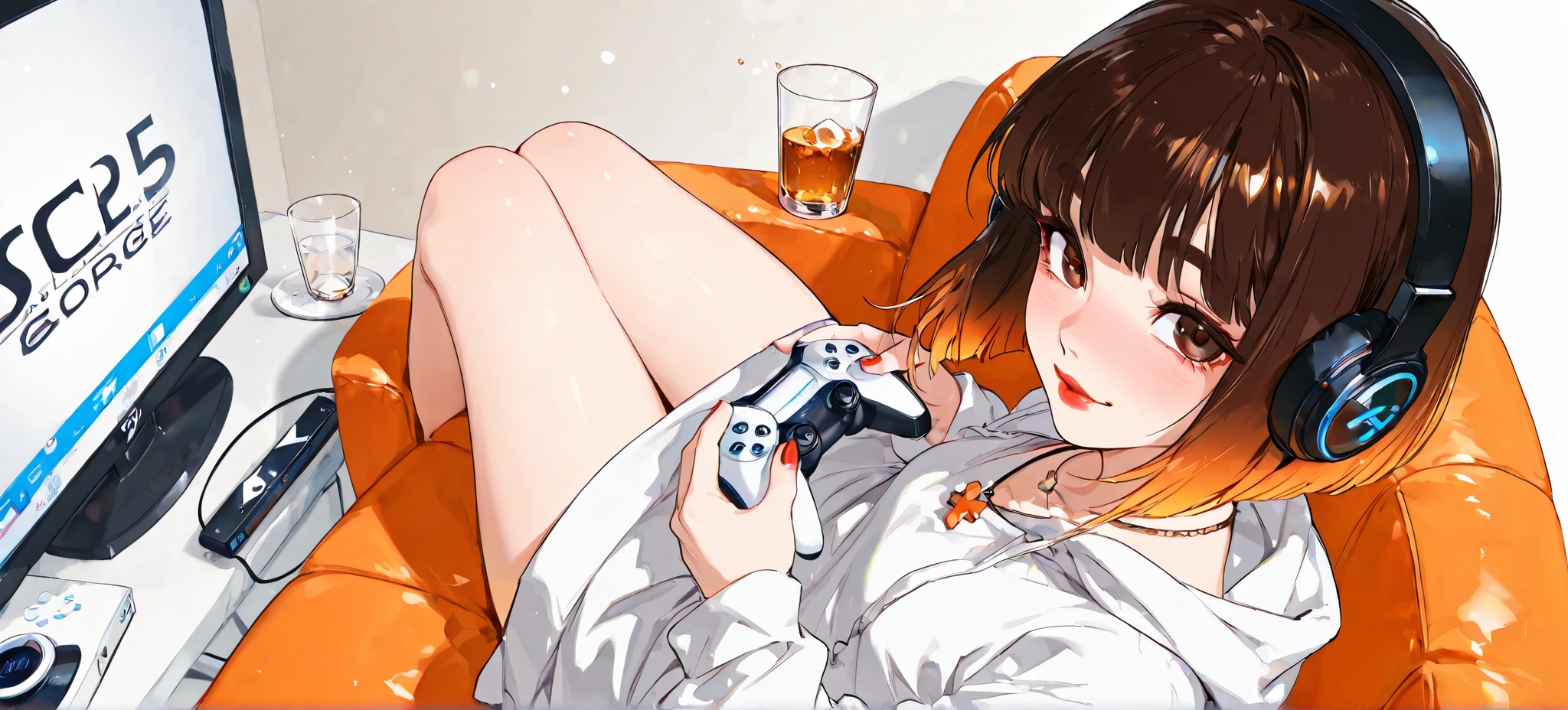 score_9, score_8_up, score_7_up, score_6_up, score_5_up, score_4_up, 4k, 8k, playstation5, (((oversized))) white long sweatshirt, 1girl, brown hair[(gradient bob cut: brown to orange:1.4):0.4], simple necklace, brown eyes, red lips, thick lips, red nails, false eyelashes, thick eyebrows, playing video games, holding a PlayStation5 controller, sitting on a pastel orange couch, smile, A cup of whiskey, White Wallpaper, black headphones with microphone, drunk, dramatic angle, Top view, 45 degrees, wide-angle shot, knees up, Distant view, Aerial view
