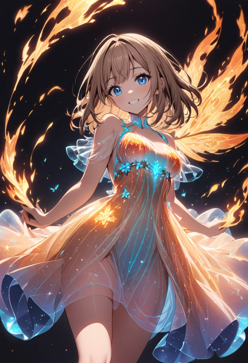 1girl,light brown color medium length hair,blue eyes,kind smile,medium breasts,bioluminescent dress,dark background,cowboy shot,