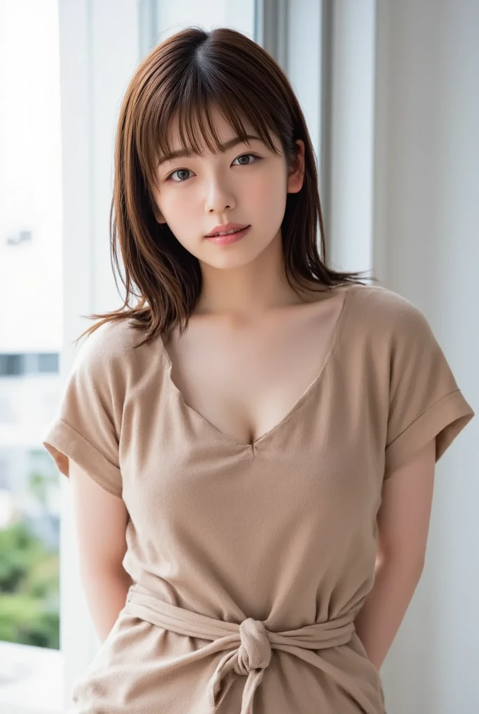 ((masterpiece))、((Highest quality))、photograph、reality、High resolution、Advanced Depth of Field、Realistic lighting、40 years old、Delicate facial features、Medium Hair、Realistic background and accessories、Large Breasts、Sexy lips、Soft body lines、Tight polo shirt、Stand leaning against a wall、Wide Shot、whole body、Thighs、Shade and sun、Room with morning sun、smile、