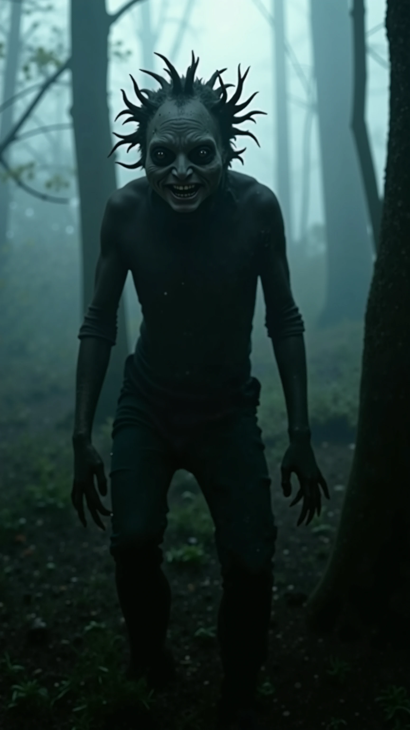 A terrified person in the forest at night, with great fear