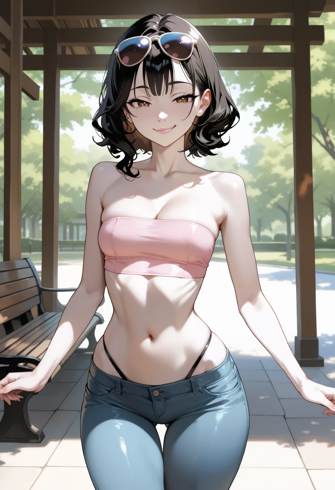 seondef, black hair, short hair, grey eyes
standing, upper body, looking at viewer, tanlines, dolphin shorts, orange shorts, short shorts, tank top, white camisole, midriff, arms at sides, half-closed eyes, smile,
masterpiece, best quality,