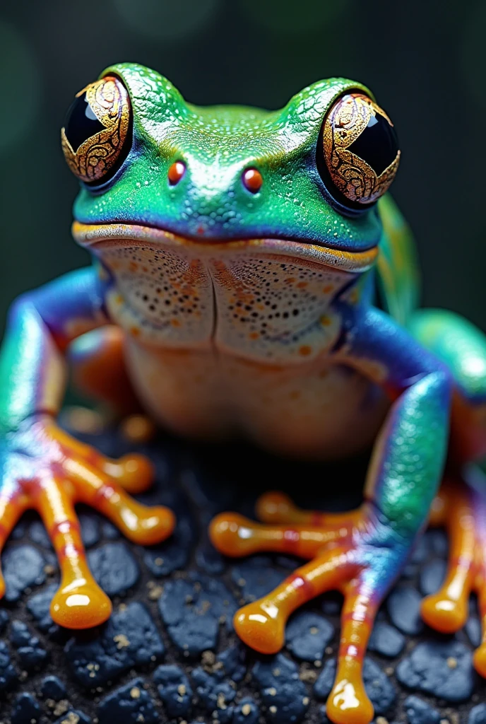 The image you uploaded depicts a colorful frog with a vibrant pattern of blue and orange on its glossy skin. The frog is perched on a green leaf or mossy surface, creating a striking contrast. It’s a captivating subject for photography due to its vivid colors and natural setting