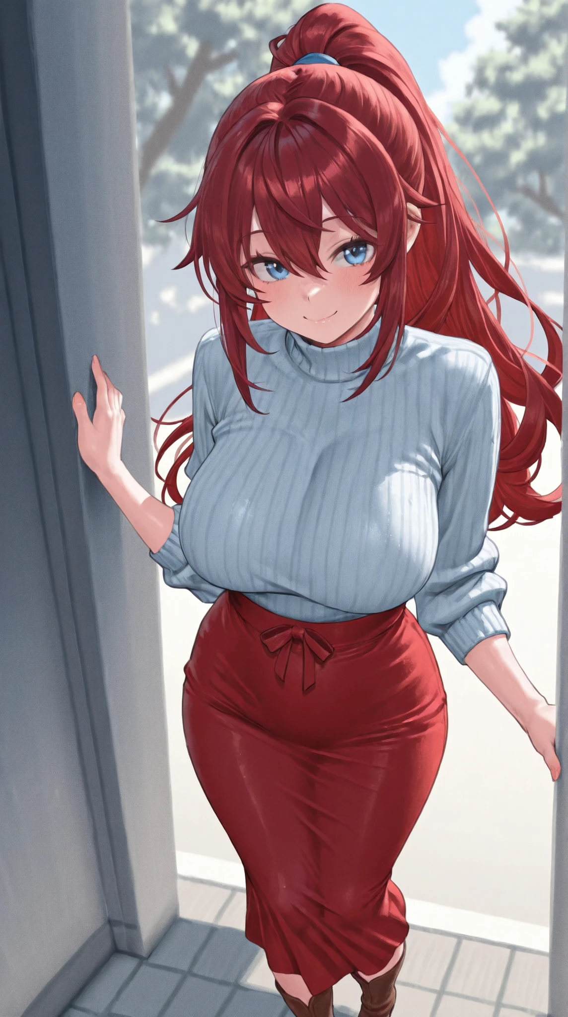1 girl, single girl, cute, long red hair, light blue eyes, big breasts, big hips, cute dress, open sweater,