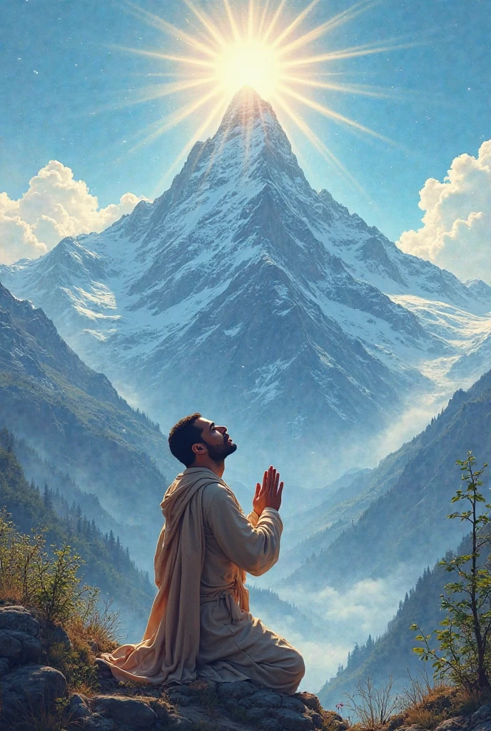 A praying to God and looking at a mountain with a bright sun - SeaArt AI