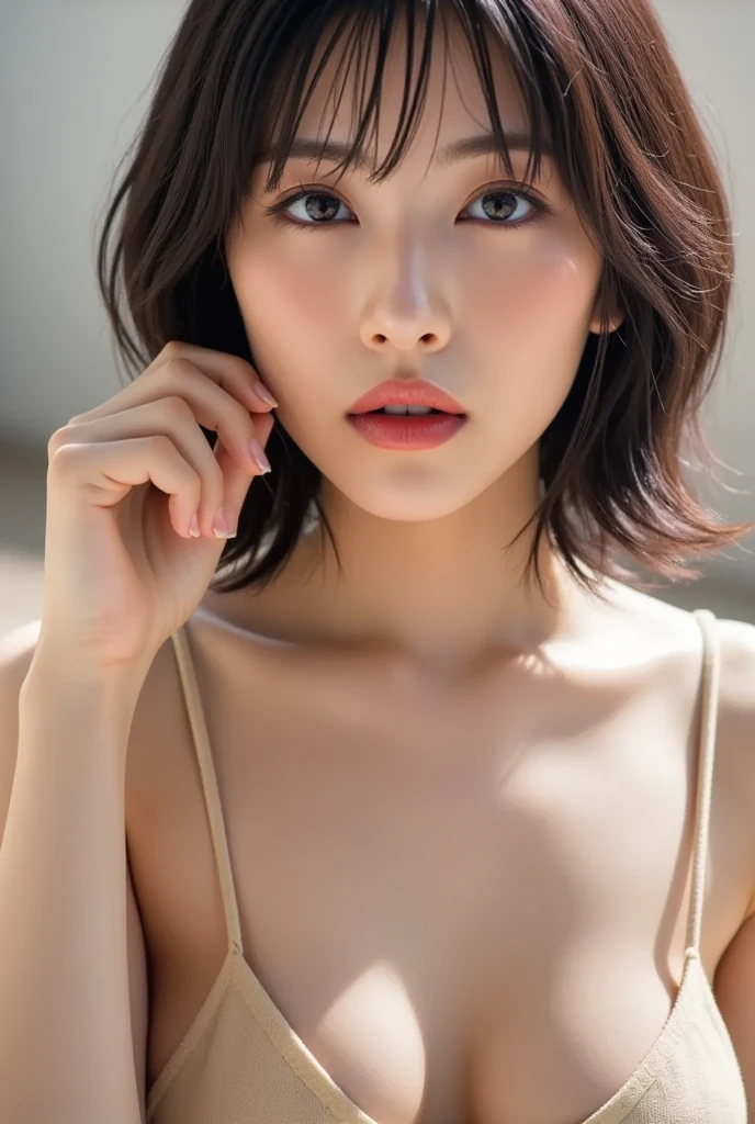 ((top-quality、8k、masterpiece:1.3))、女の子1人、Korean Women、Beautiful woman with slender abs:1.3、(medium short hair、爆乳:1.2)、cardigan:1.1、hyperdetailed face、A detailed eye、二重まぶた,(perfect anatomia、Beautiful limbs、Beautiful body)、