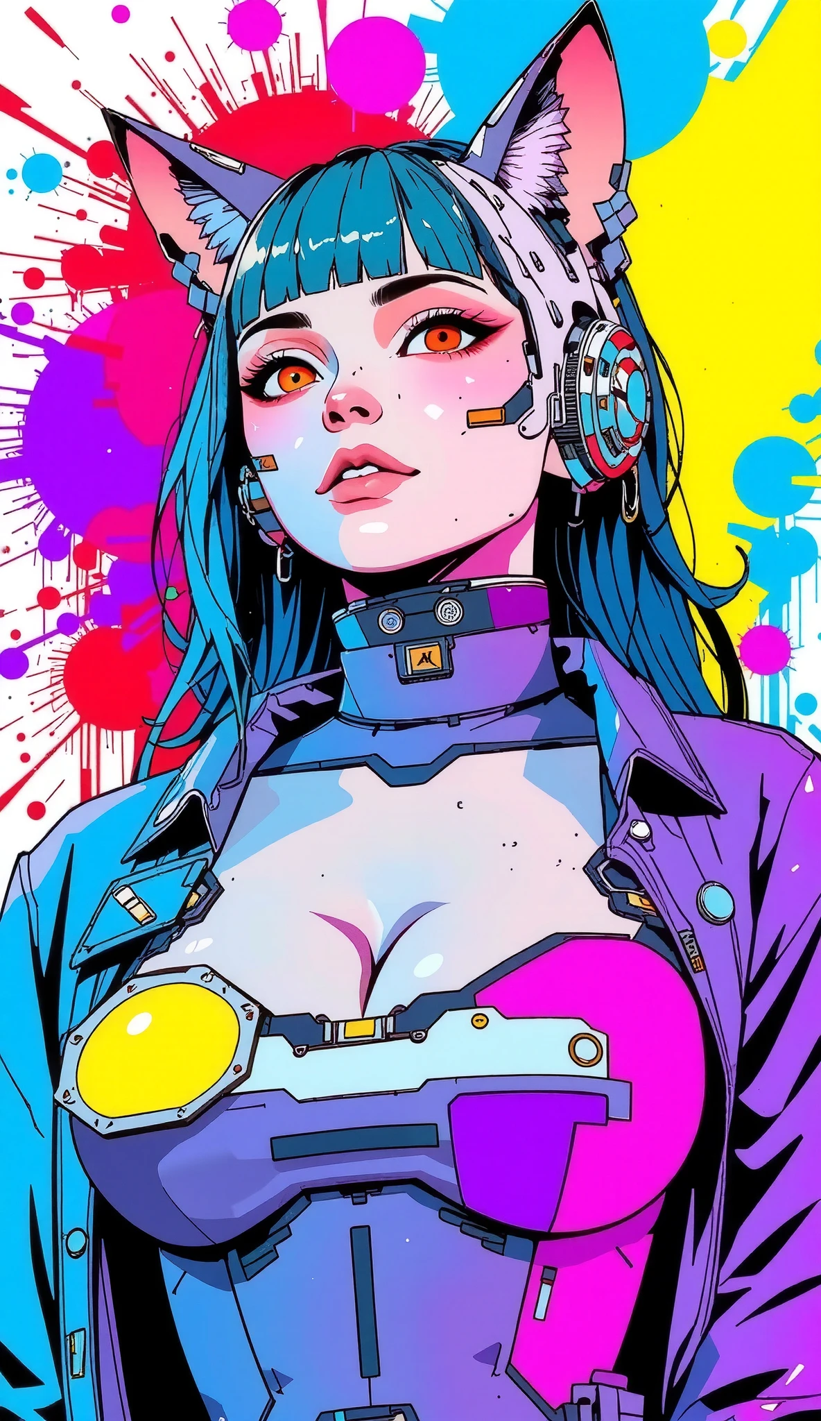 top-quality))、((masterpiece)、cyberpunked、catgirl, revealing cyberpunk clothing, purples, blues, reds, (andy warhol), illustrated anime, retro style classic, big breasts, no background, neon colorsplash background, glitter dust, ethereal, shiny skin,