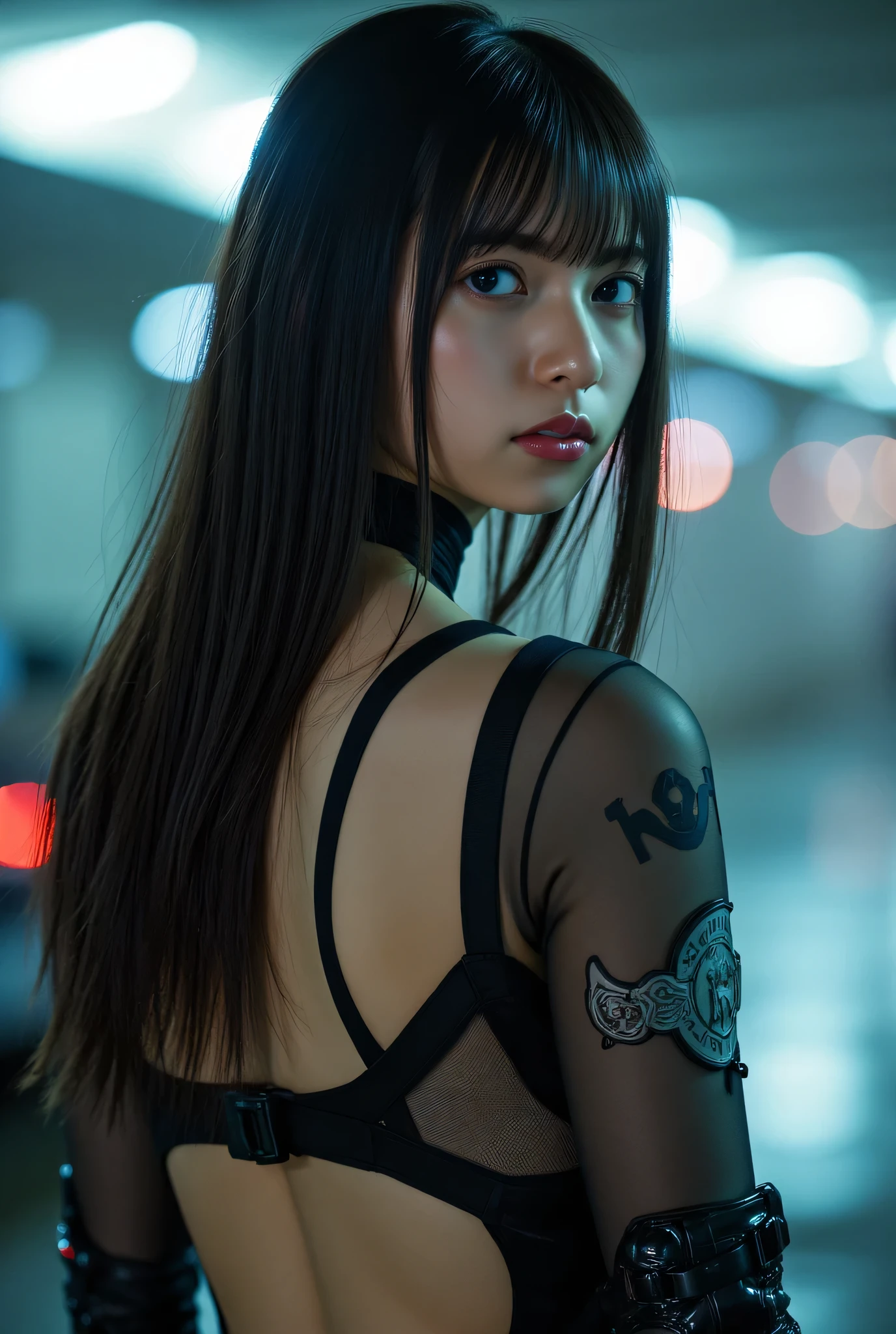 (((The dark Nostromo highway:2.0))),((( HR Gigger style cyberpunk atmosphere :2.0))),((Ride a tron style bike:2.0)),(((Ride on a big cyberpunk motorcycle:2.0))),side view from the back,Side pose,((looks back and look at the camera:2.0)),(( looking back over my shoulder :2.0)),Rear View,((full body:2.0)),One Woman,(cute face),(Beautiful well-balanced face ),((long hair with bangs:2.0)),( black hair:1.5),(beautiful eyes:1.3),glamorous shot of a 20-year-old Japanese woman, Slender Beautiful Body ,((model body type:2.0)),(( slim body with hot water:1.7)),perfect body line,ideal proportions,(bigger breasts in bikinis:2.0),Bare thighs,fleshy thighs due to weight,delicate body,( Muscular:1.5),A harmonious posture,((Beautiful ass:2.0)),((cute ass:2.0)), ((((Bare ass :2.0)))),((( T-back :2.0))),(Realistic breast depiction :1.5),carefully depicts limbs based on perfect anatomy,((futuristic samurai style black super high leg leotard:2.0,((Fitted Camy-Style Latex Ultra High Leg Leotard:1.5)),((Samurai armor-style military jacket with an open front over a leotard:1.5)),(ear monitor:1.5),((Tactical Holster:1.5)),(gloves:1.3),concept art,(top quality:1.5),(masterpiece:1.5),(Ultra-high resolution),resolution,UHD,(Delicate Description), carefully drawn with butterfly wings ,32K,((realistic skin texture with a boy in the pool:1.5)),(((ultra realistic:1.5))),carefully draw eyelashes,very detailed face,Highly detailed female hand,very sensual,(Blurry Dim Backgrounds :1.5),professional photo shoot,(movie light:2.0),((Blade Runner-style lighting:2.0))