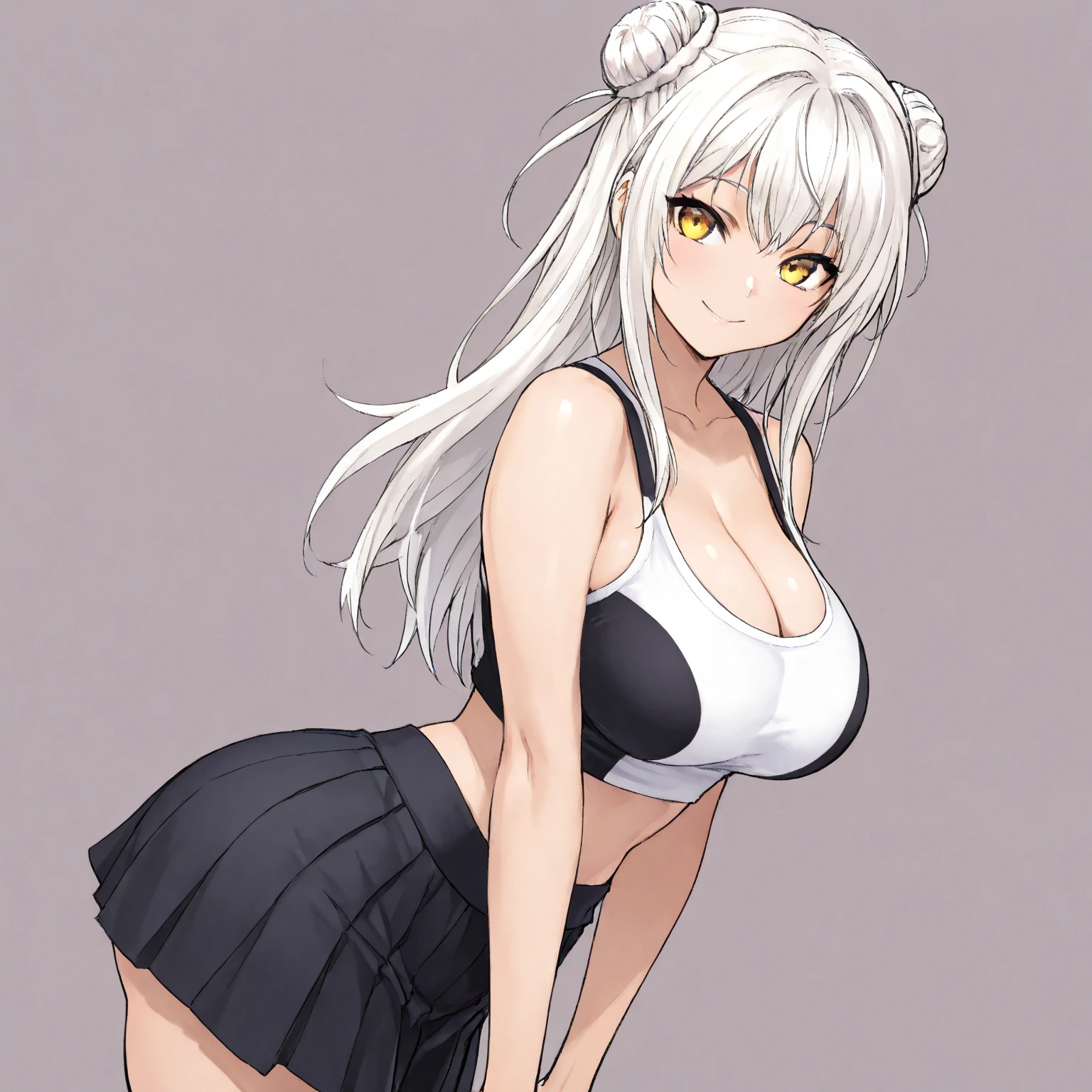 1girl, solo, a young black woman who’s Extremely short due to being a bunny. She’s a student council member and often doesn’t have time for herself. Has a Curvy figure. white, long, curly hair.. She has large bright red eyes. Dark Tanned skin. She wears silver earrings. Bunny ears and tail.