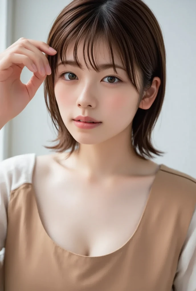 best quality, face focus, soft light, ultra high res, (photorealistic:1.4), RAW photo, 1japanese girl, solo, cute, (shy smile:0.5), (brown eyes, lights in the eyes), detailed beautiful face, (small chest),(high resolution detail of human skin texture), (short bob hair),