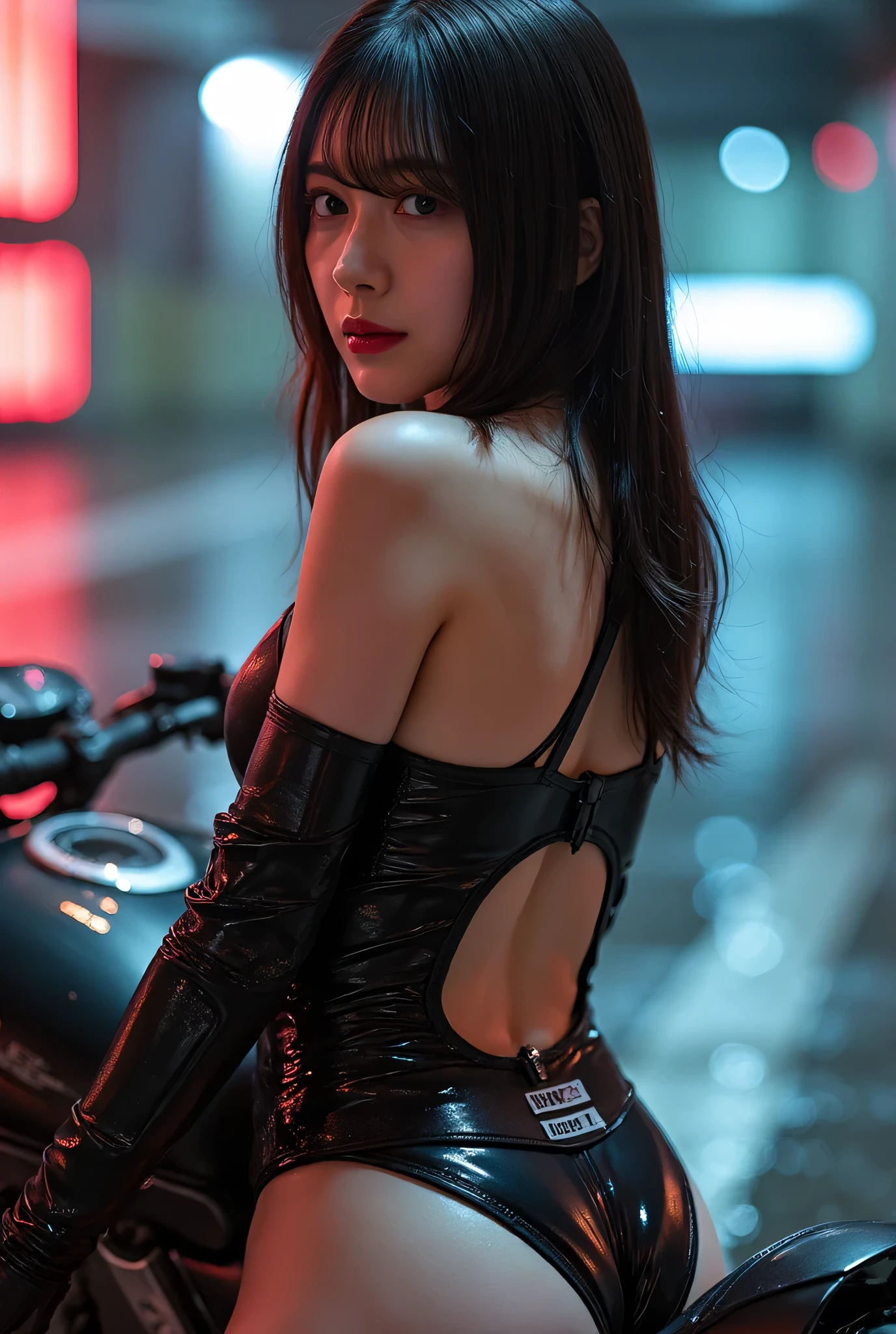 (((The dark Nostromo highway:2.0))),((( HR Gigger style cyberpunk atmosphere :2.0))),((Ride a tron style bike:2.0)),(((Ride on a big cyberpunk motorcycle:2.0))),side view from the back,Side pose,((looks back and look at the camera:2.0)),(( looking back over my shoulder :2.0)),Rear View,((full body:2.0)),One Woman,(cute face),(Beautiful well-balanced face ),((long hair with bangs:2.0)),( black hair:1.5),(beautiful eyes:1.3),glamorous shot of a 20-year-old Japanese woman, Slender Beautiful Body ,((model body type:2.0)),(( slim body with hot water:1.7)),perfect body line,ideal proportions,(bigger breasts in bikinis:2.0),Bare thighs,fleshy thighs due to weight,delicate body,( Muscular:1.5),A harmonious posture,((Beautiful ass:2.0)),((cute ass:2.0)), ((((Bare ass :2.0)))),((( T-back :2.0))),(Realistic breast depiction :1.5),carefully depicts limbs based on perfect anatomy,((futuristic samurai style black super high leg leotard:2.0,((Fitted Camy-Style Latex Ultra High Leg Leotard:1.5)),((Samurai armor-style military jacket with an open front over a leotard:1.5)),(ear monitor:1.5),((Tactical Holster:1.5)),(gloves:1.3),concept art,(top quality:1.5),(masterpiece:1.5),(Ultra-high resolution),resolution,UHD,(Delicate Description), carefully drawn with butterfly wings ,32K,((realistic skin texture with a boy in the pool:1.5)),(((ultra realistic:1.5))),carefully draw eyelashes,very detailed face,Highly detailed female hand,very sensual,(Blurry Dim Backgrounds :1.5),professional photo shoot,(movie light:2.0),((Blade Runner-style lighting:2.0))
