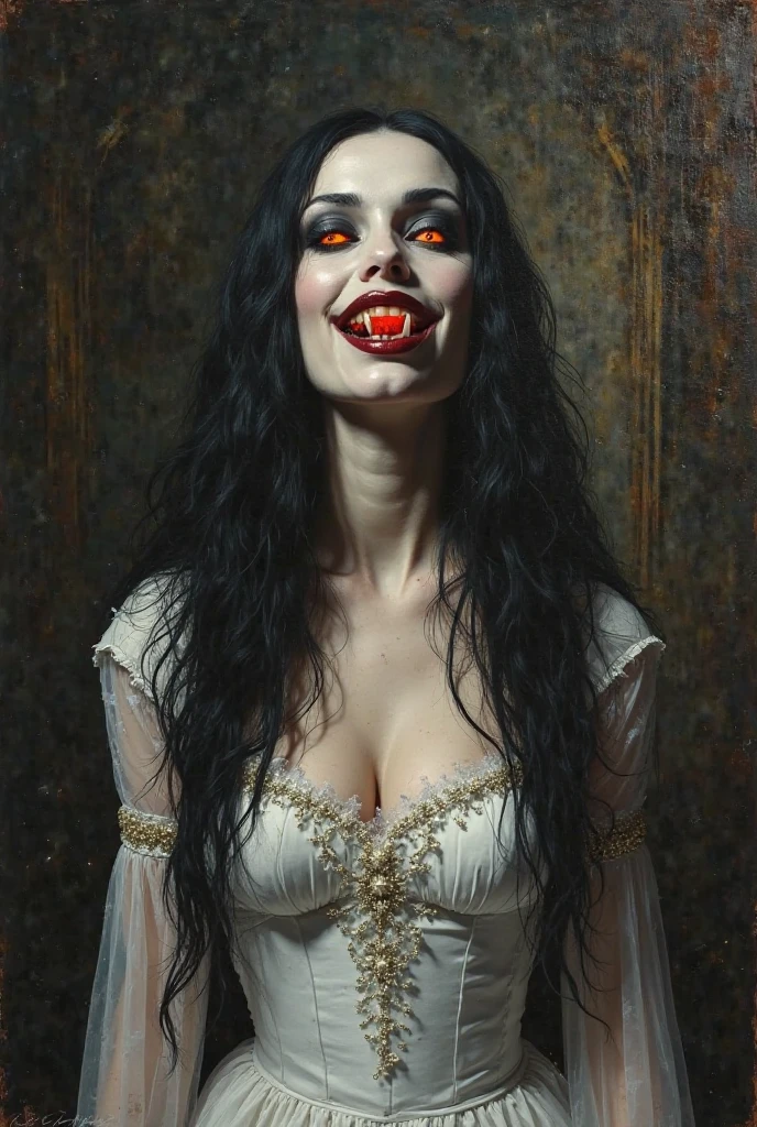 Very young girl, young girl, very young teen, Young lively teen girl undergoing a transformation into an evil demonic Vampire, female, long dark hair, pasty pale ghastly skin, red eyes, vampire fans, very long canine teeth becoming fangs, elegant flowing renaissance era black dress, Romanian, dark castle, nighttime, moonlight, dimly lit, horror, threatening to bite you, bearing her fangs, huge leathery bat wings, close, very close, Vampire bite scene, long black obsidian horns, red-tinged skin, massive breast expansion, huge breast implants