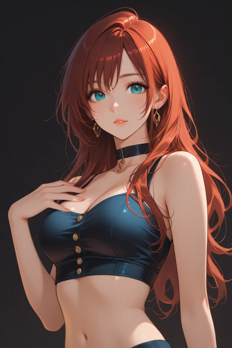 最high quality、best image quality、masterpiece、girl((20-year-old、 By becoming、vest bust、medium bust,wide open breast tea、shining eyes, glowing red hair、long hair、thin,highest valley、red sports bra、Red sports pants,Ruby Earrings、Wristband、black gloves、seductive pose)),high quality、beautiful art、background((inflammation、volcano、magma、eruption、meteorite))、Flight、debris flies、Depth of written boundary、movie、visual art、perfect art、8K,genuine、
