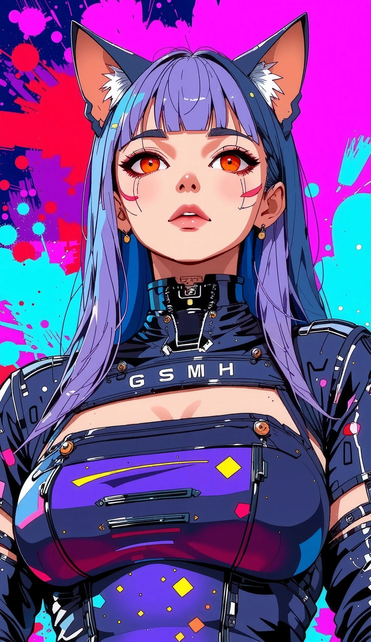 top-quality))、((masterpiece)、cyberpunked、catgirl, revealing cyberpunk clothing, purples, blues, reds, (andy warhol), illustrated anime, retro style classic, big breasts, no background, neon colorsplash background, glitter dust, ethereal, shiny skin,