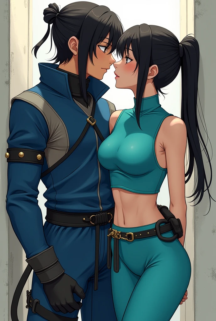 Couple in love, Turtle guy with a blue mask and katanas on the shell, Beautiful girl with black hair and blue eyes with katanas on her back, big breastes.