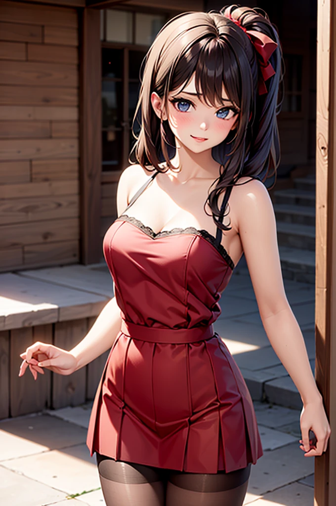 1girl, young model, (((black hair))), ((side tail hairstyle, large side tail)), superheroine outfit blue and red with gold trim, ((blue tube top with 'A' emblem)), plaid skirt, blue thigh-highs, long gloves, red cape, leather backpack, (red rim glasses), (petite, skinny, fit, slender frame, narrow shoulders), ((erotic)), Professional realistic studio photography, UHD, Extremely Sharp Image, ROH, perfect light and soft shadows, cityscape background, ((flying))